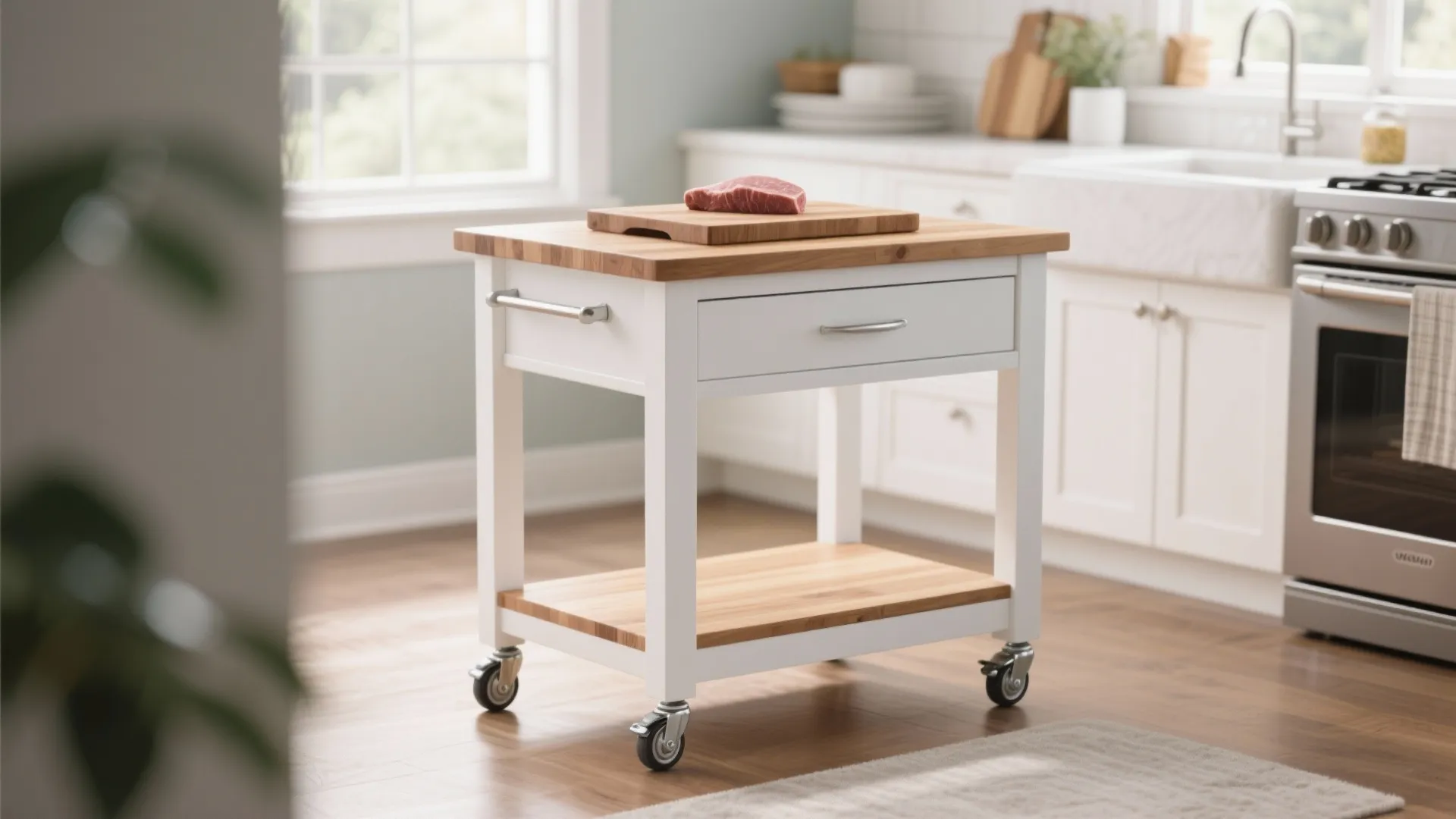 White wooden rolling kitchen island with wood top and meat on a wooden cutting board