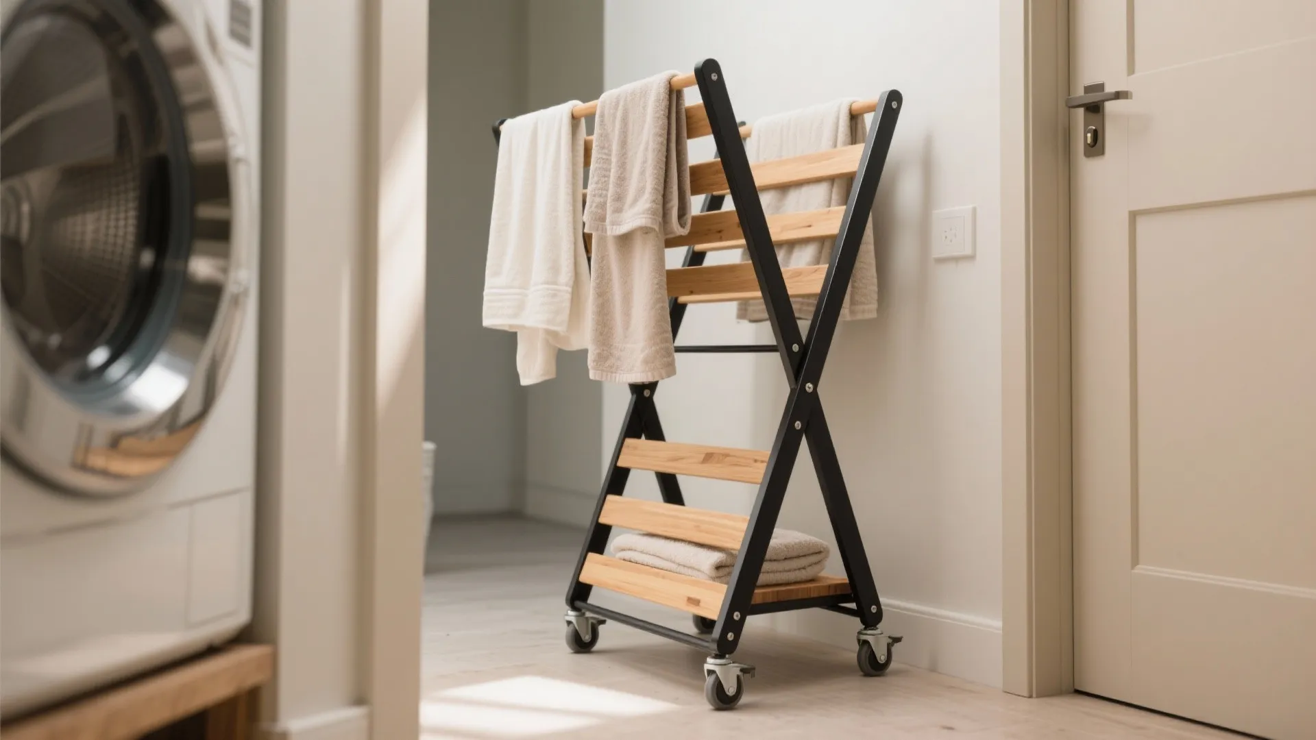 Wooden rolling drying rack with towels in a bright laundry room next to a door