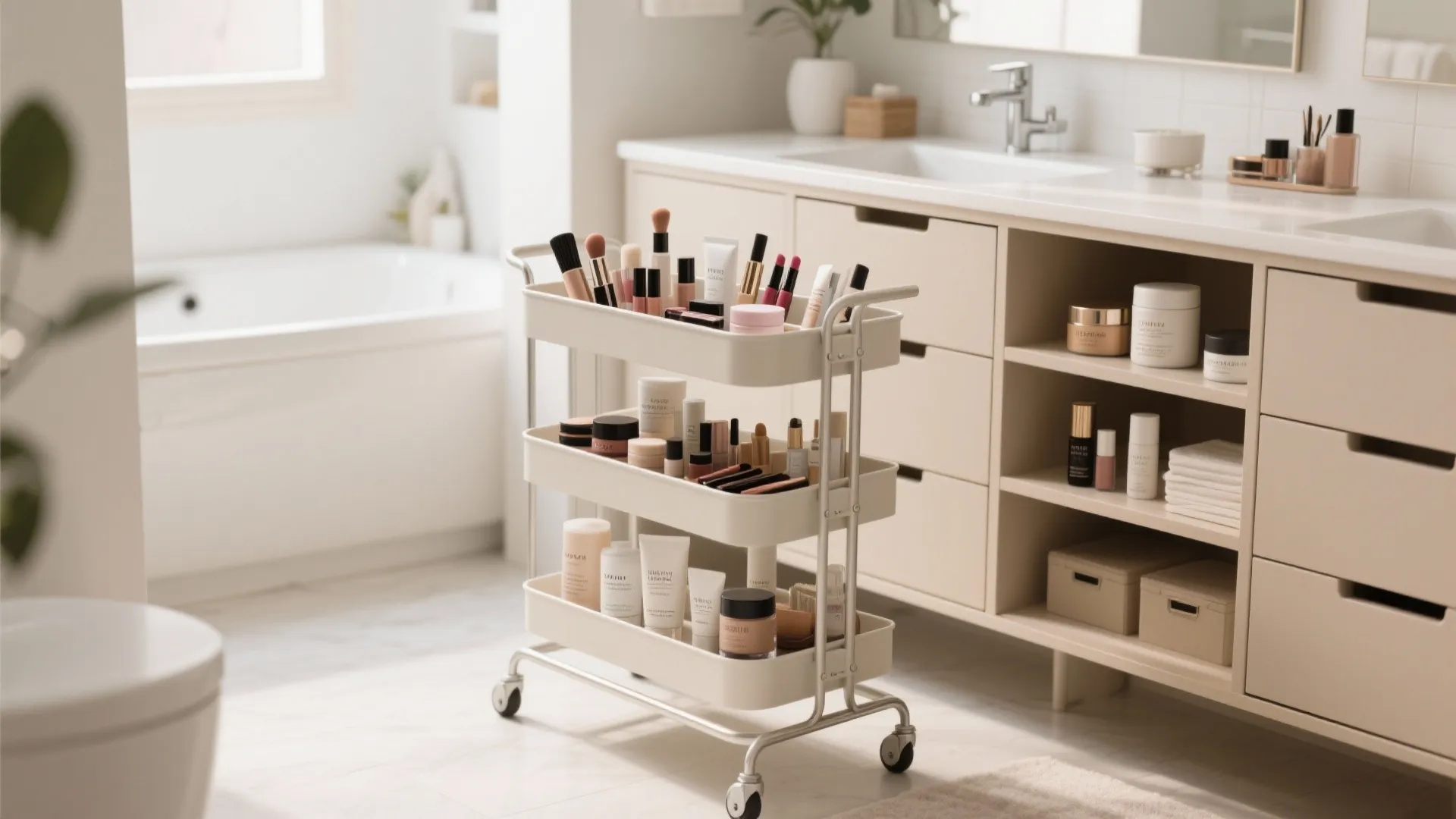 Three tier white rolling storage cart filled with makeup and skin care products in a bathroom