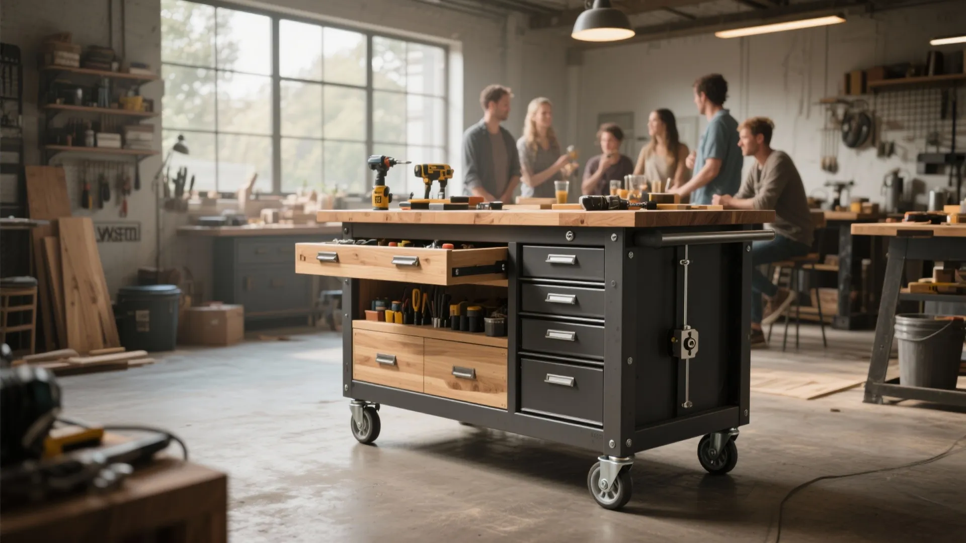 Industrial mobile workbench with wheels featuring a wooden top and black metal drawers in workshop