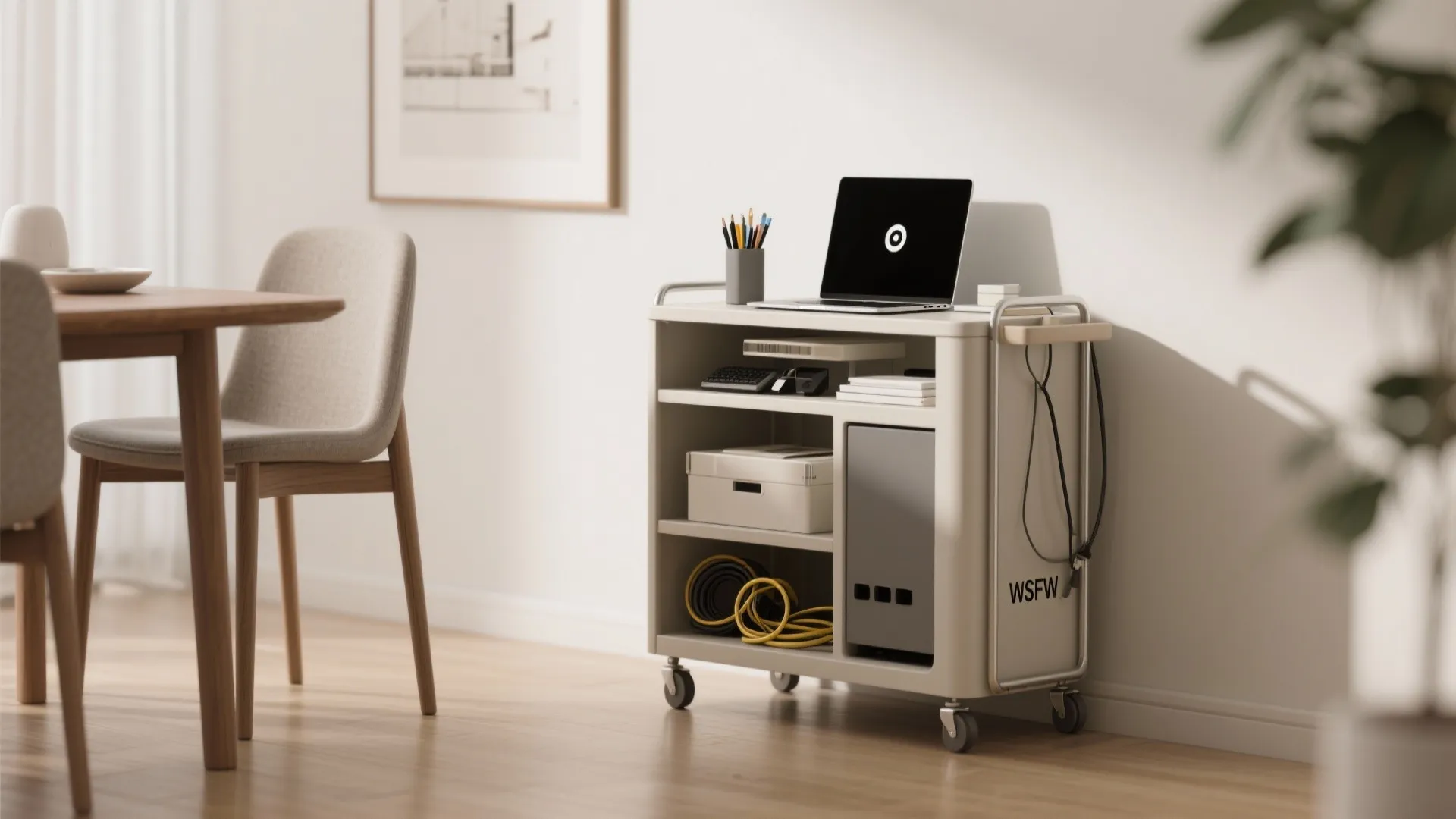 A compact rolling office caddy next to a dining table