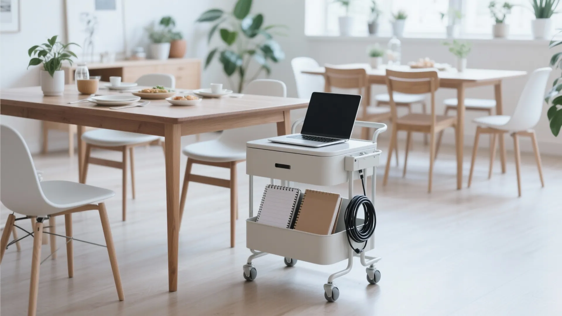 Rolling office cart for easy workspace setup beside a dining table