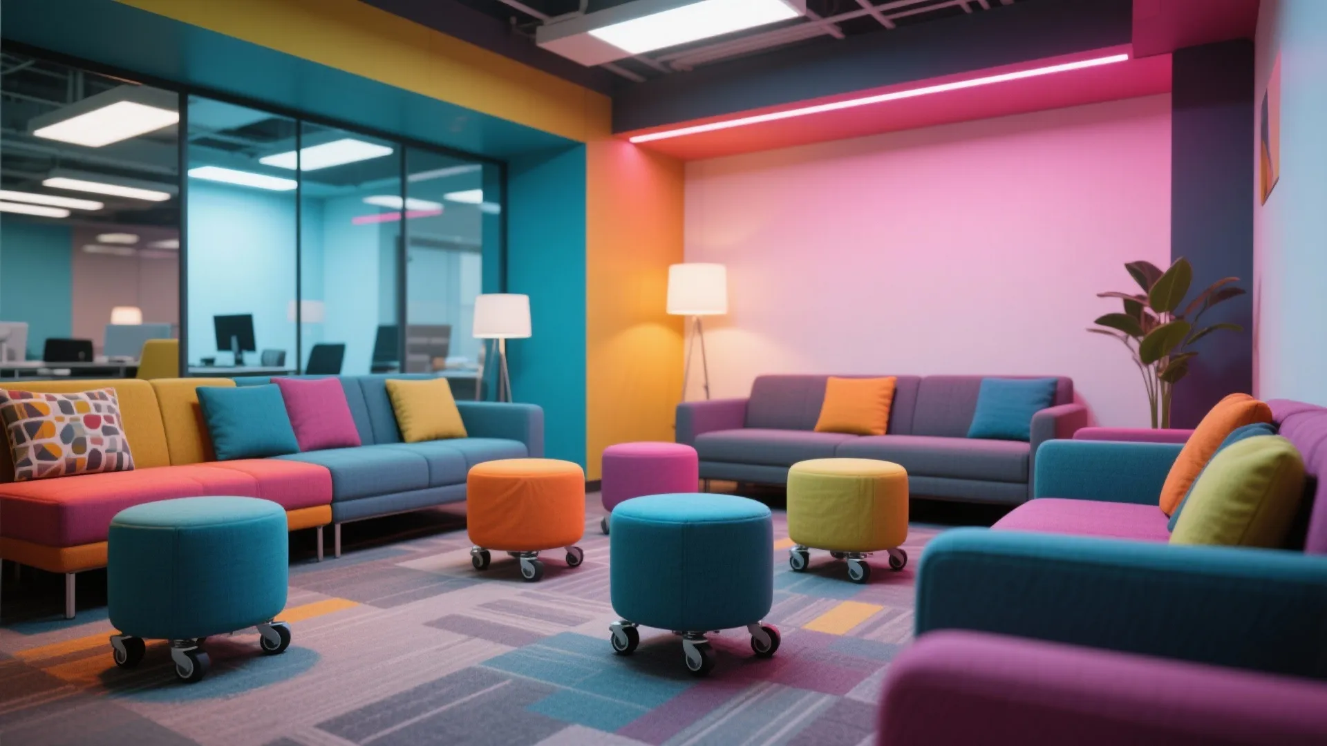 Colorful office lounge with blue sofas, bright walls, and several small round footrests on wheels