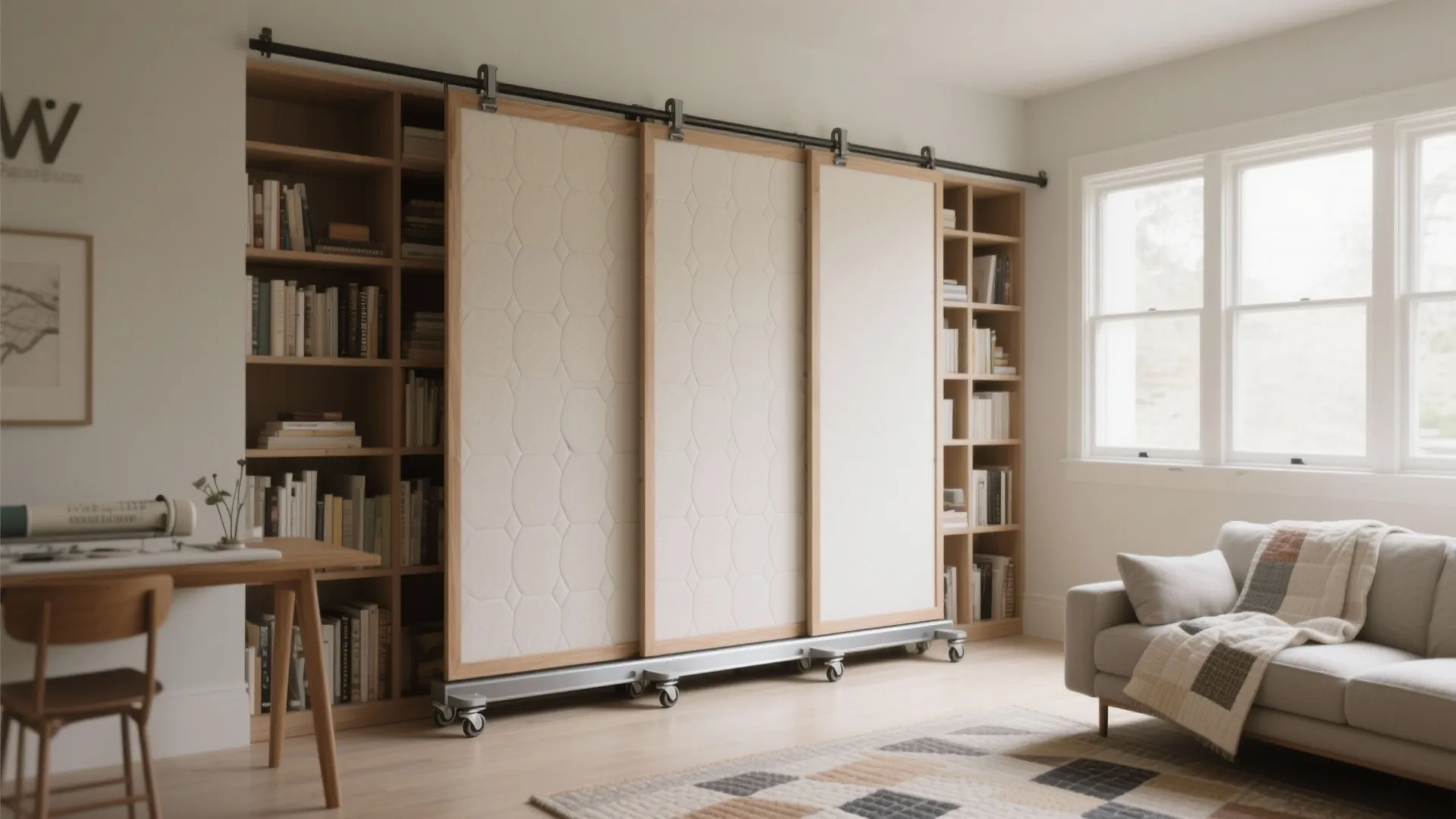 Rolling partition panels that double as a room divider