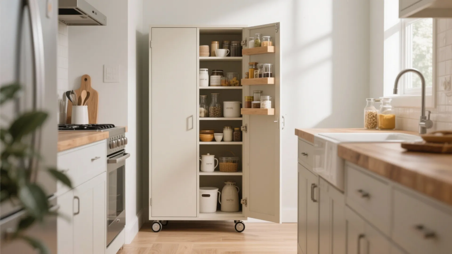 White tall rolling cabinet with shelves holding jars and spices in a bright modern kitchen