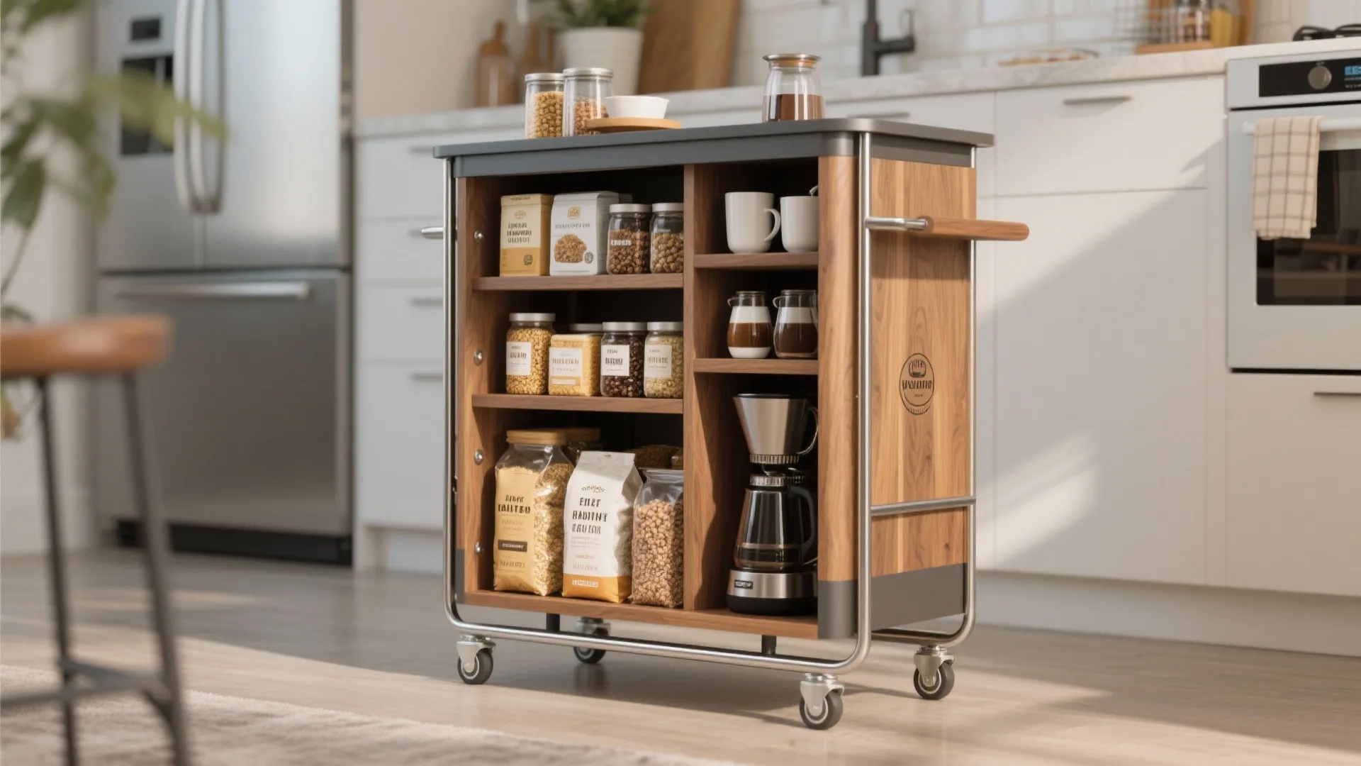 Wooden rolling pantry cart with shelves holding food jars and a coffee maker in kitchen