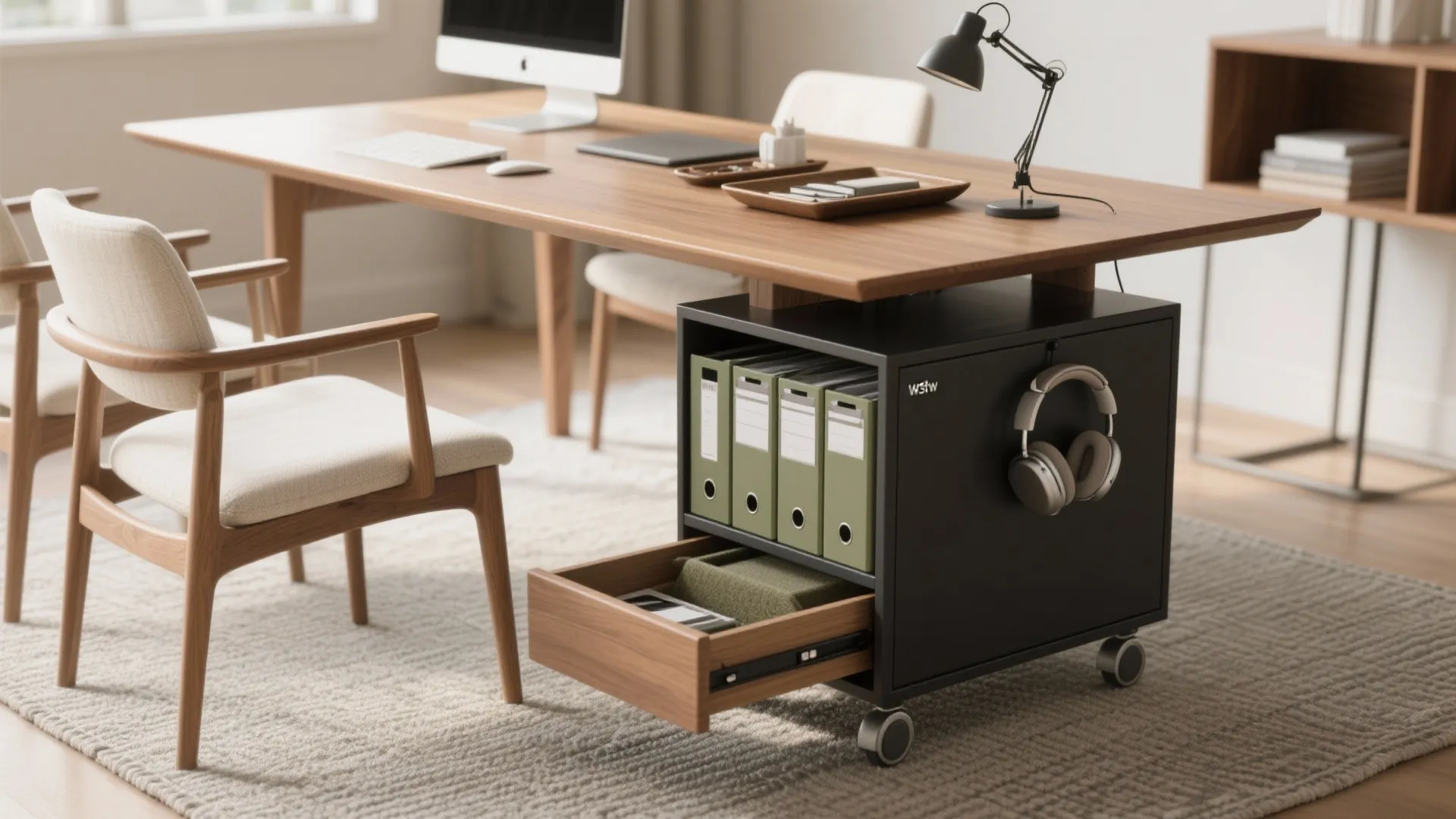 Black rolling office cabinet under a wooden desk with green folders headphones and modern chair