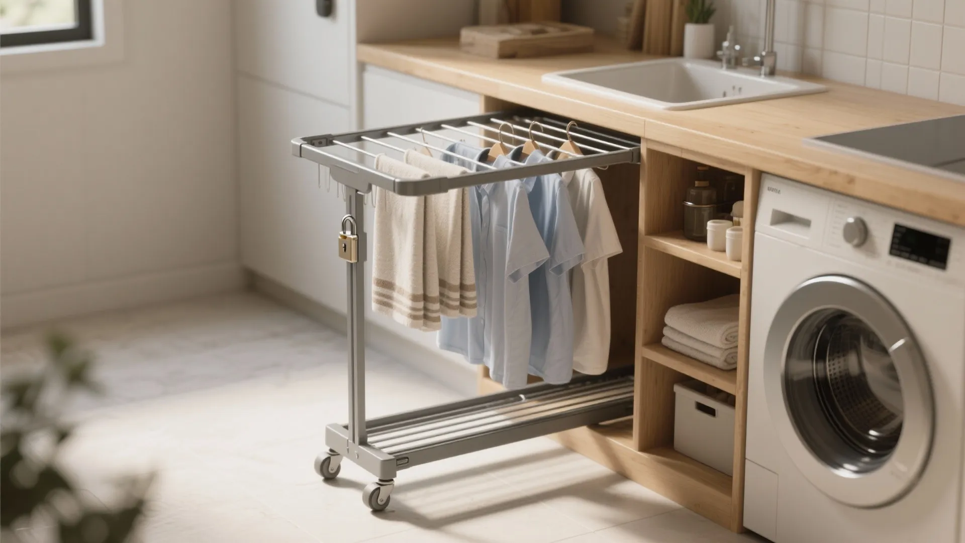 4. Slim rolling rack that tucks under counters