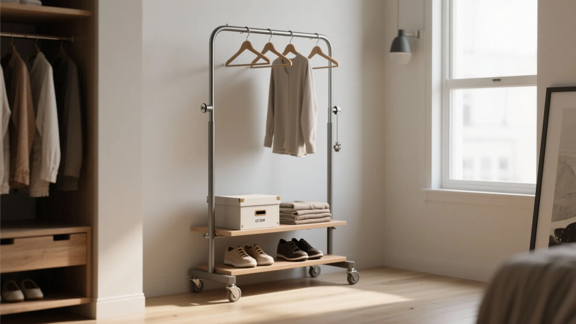 Metal rolling clothes rack with wooden shelves holding shoes boxes and a light beige sweater