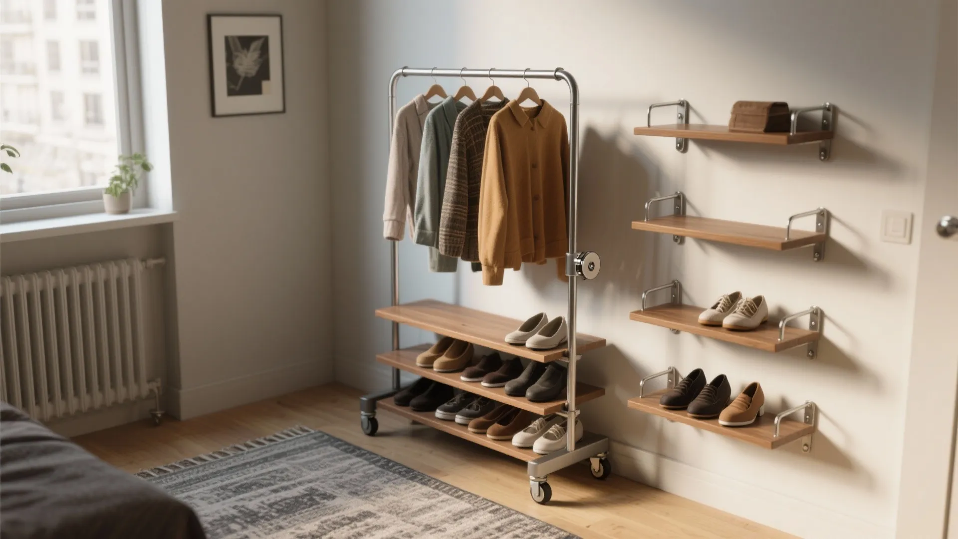 4. Rolling garment rack with modular shelves