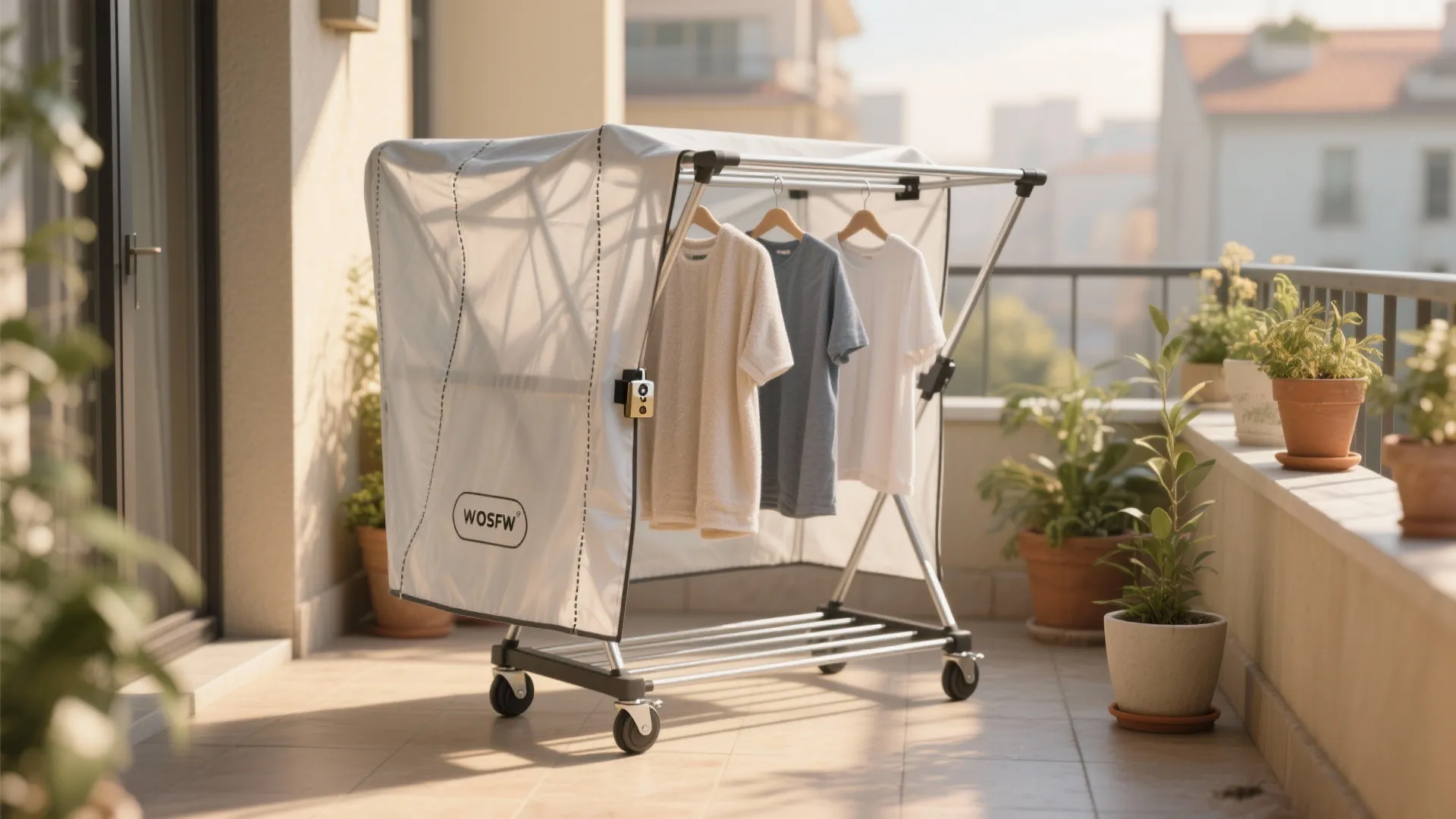 Portable rolling drying rack on a balcony with a weatherproof cover and lockable wheels.