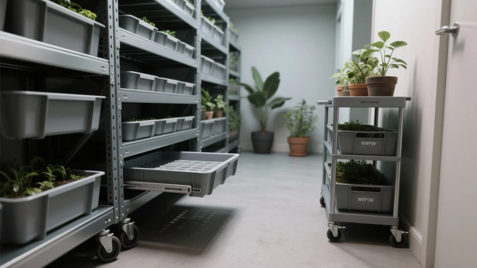 Metal storage racks on wheels holding plastic plant trays inside a clean indoor growing room
