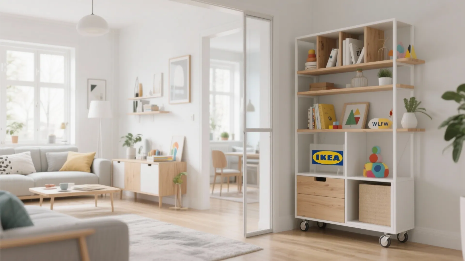 Rolling IKEA LACK shelving used as flexible divider
