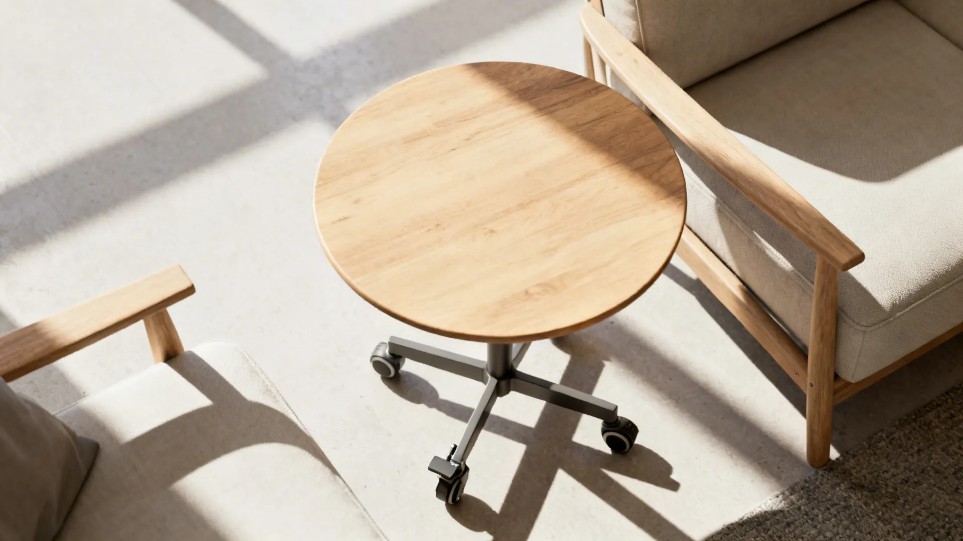Top-down view of a rolling round table with locking casters moved between seating positions in a small living room.