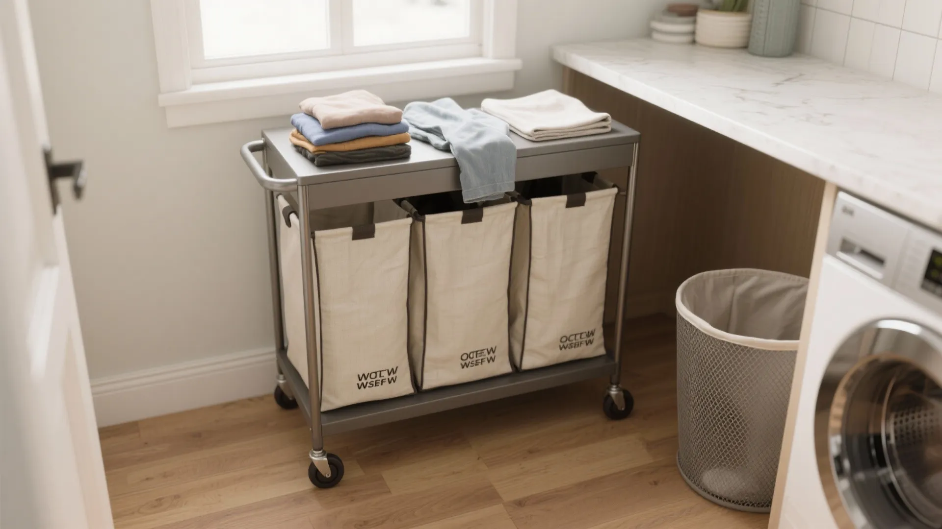Metal laundry cart with three bags and folded clothes next to a washing machine and counter