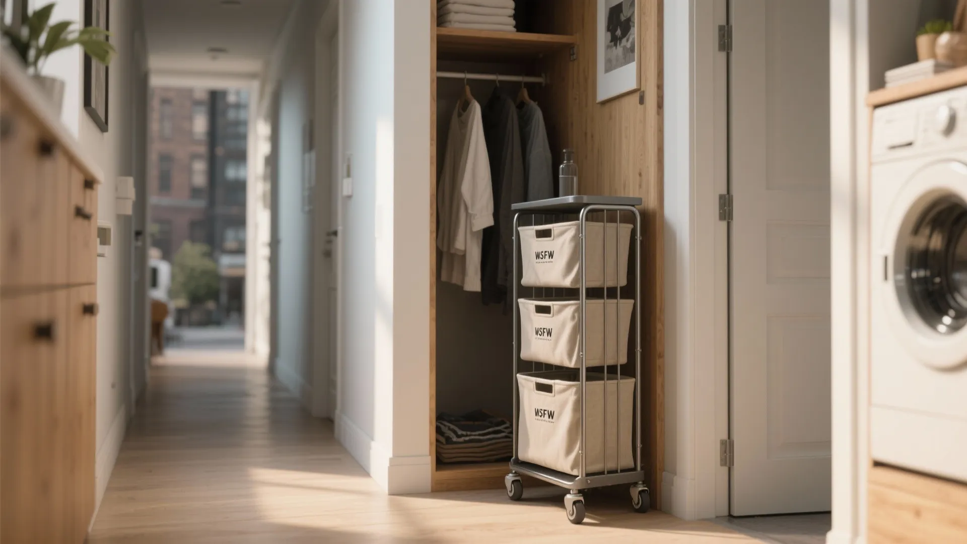 Three tier rolling laundry cart with fabric baskets placed inside a wooden closet near hallway