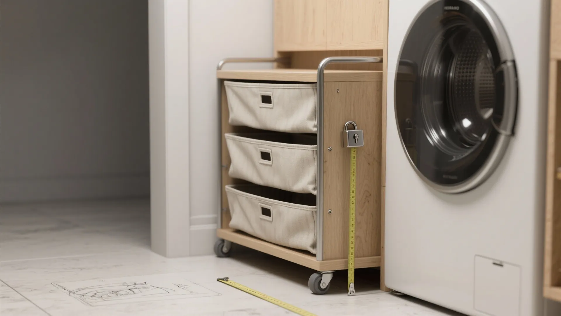 Slim rolling sorter with three bins on lockable casters in a narrow gap.
