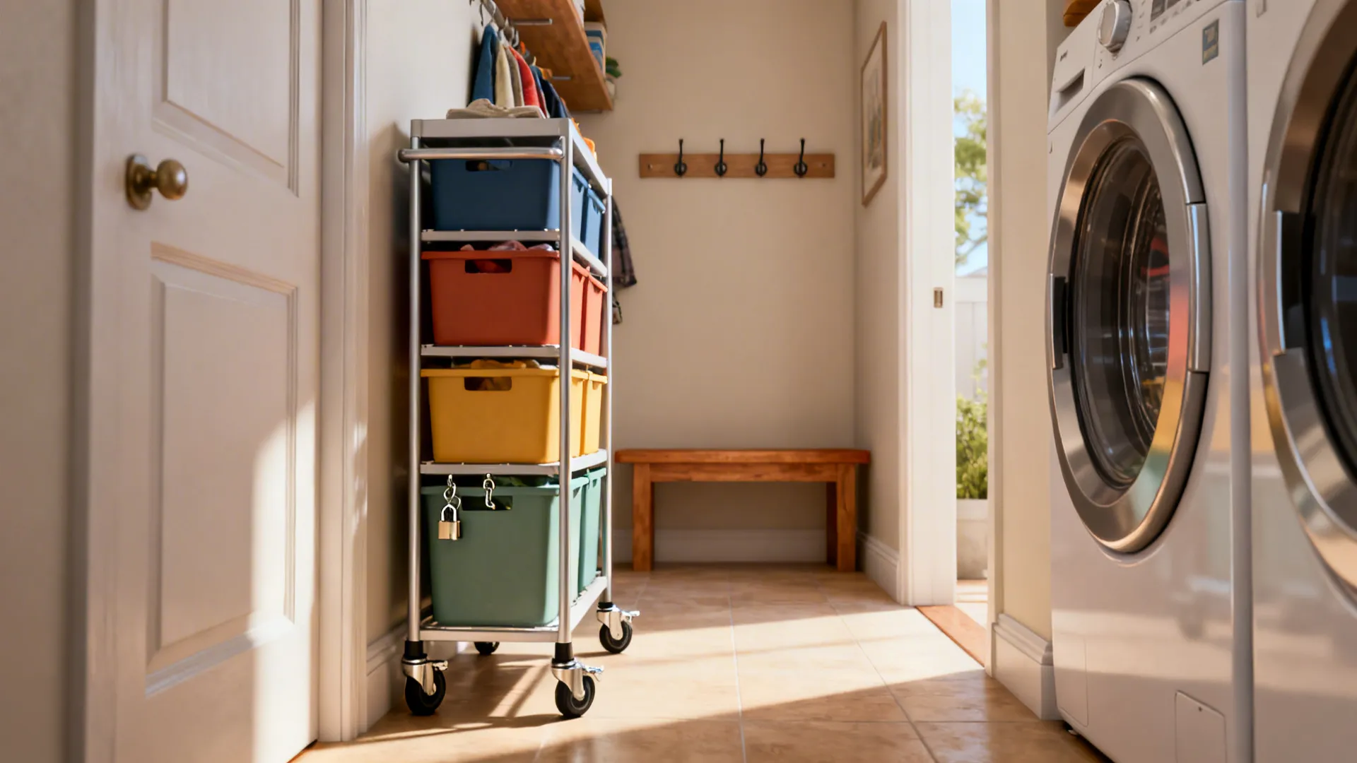 Slim rolling sorter cart with multiple bins tucked beside a dryer in a mudroom-laundry space.