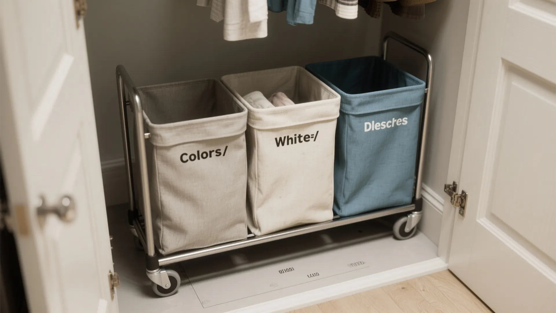 Top-down view of a slim rolling sorting cart with three fabric dividers inside a small closet.