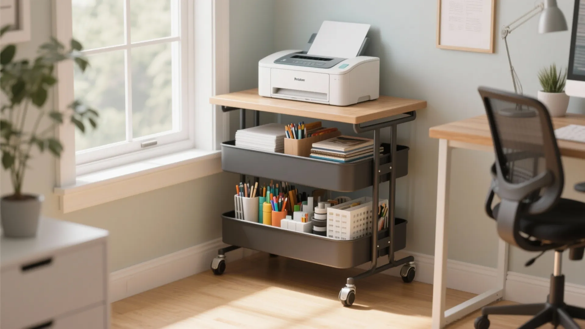 Metal rolling storage cart with printer on top shelf and colorful art supplies on tiers