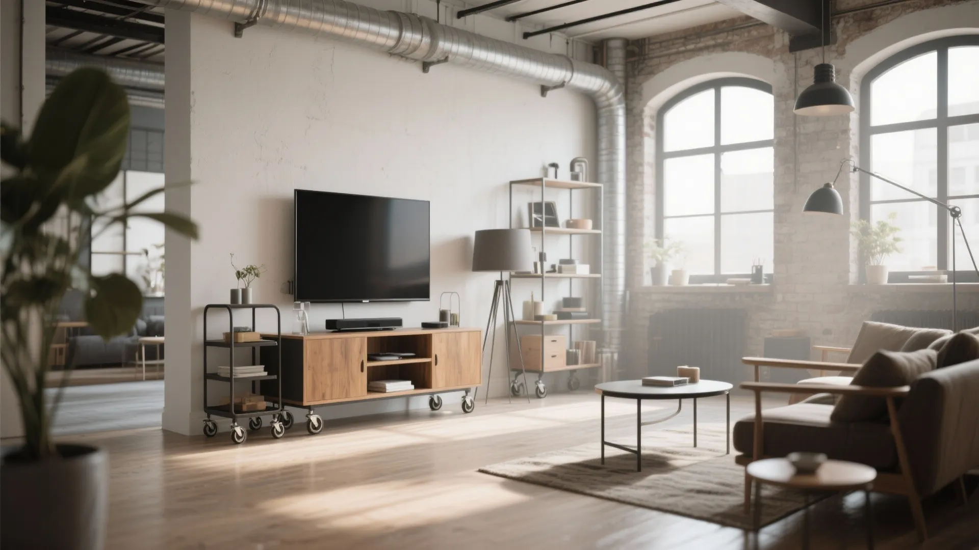 Industrial loft with a stylish rolling cart TV stand