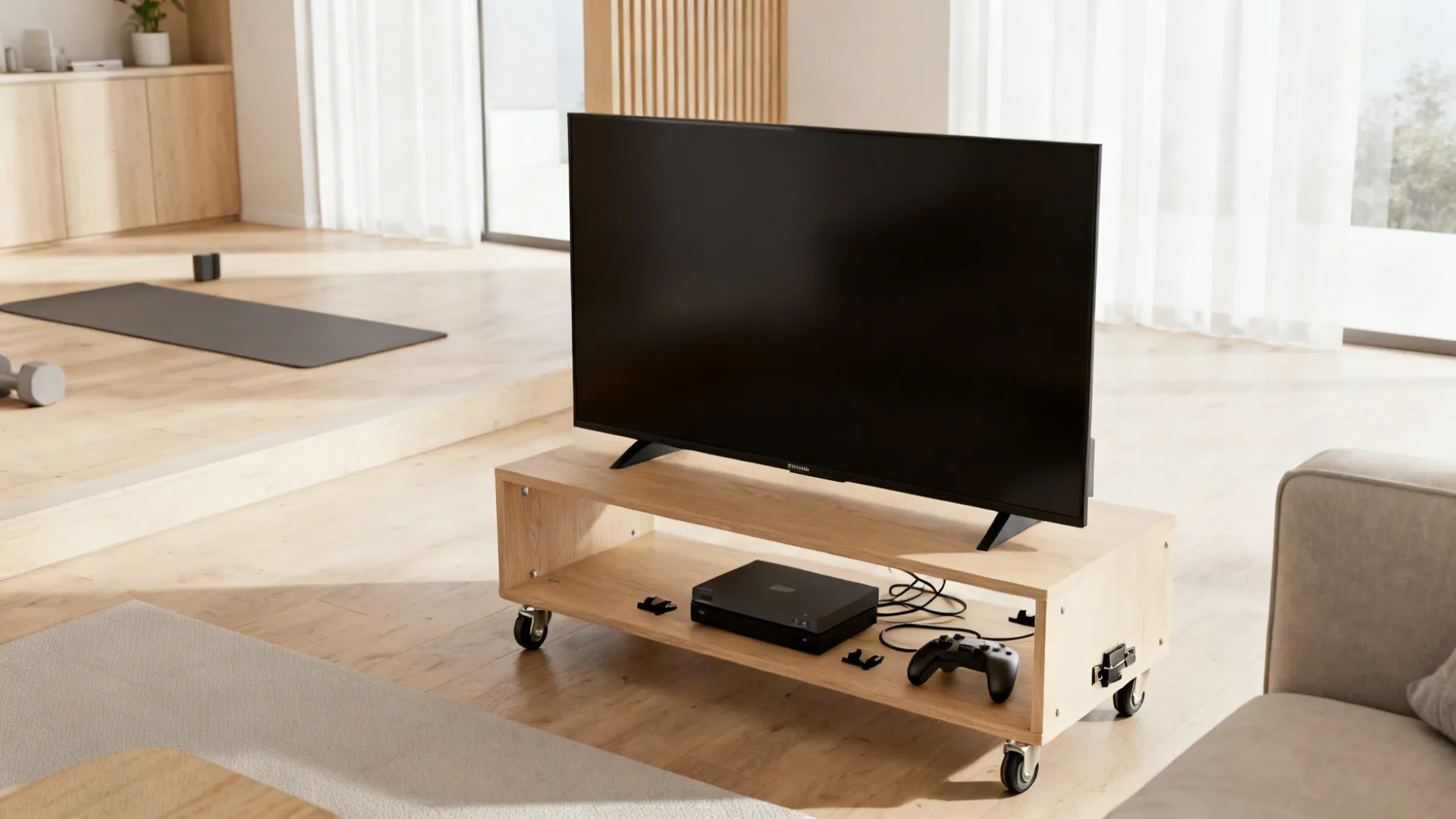 Mobile TV on a rolling stand positioned between seating and open floor for yoga