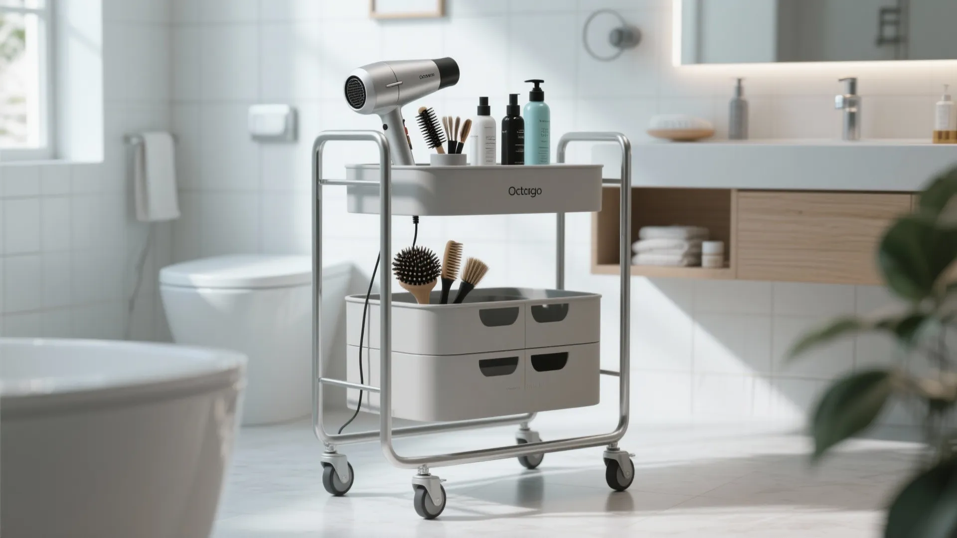 White rolling storage cart with hair dryer brushes and bottles in a bright modern bathroom