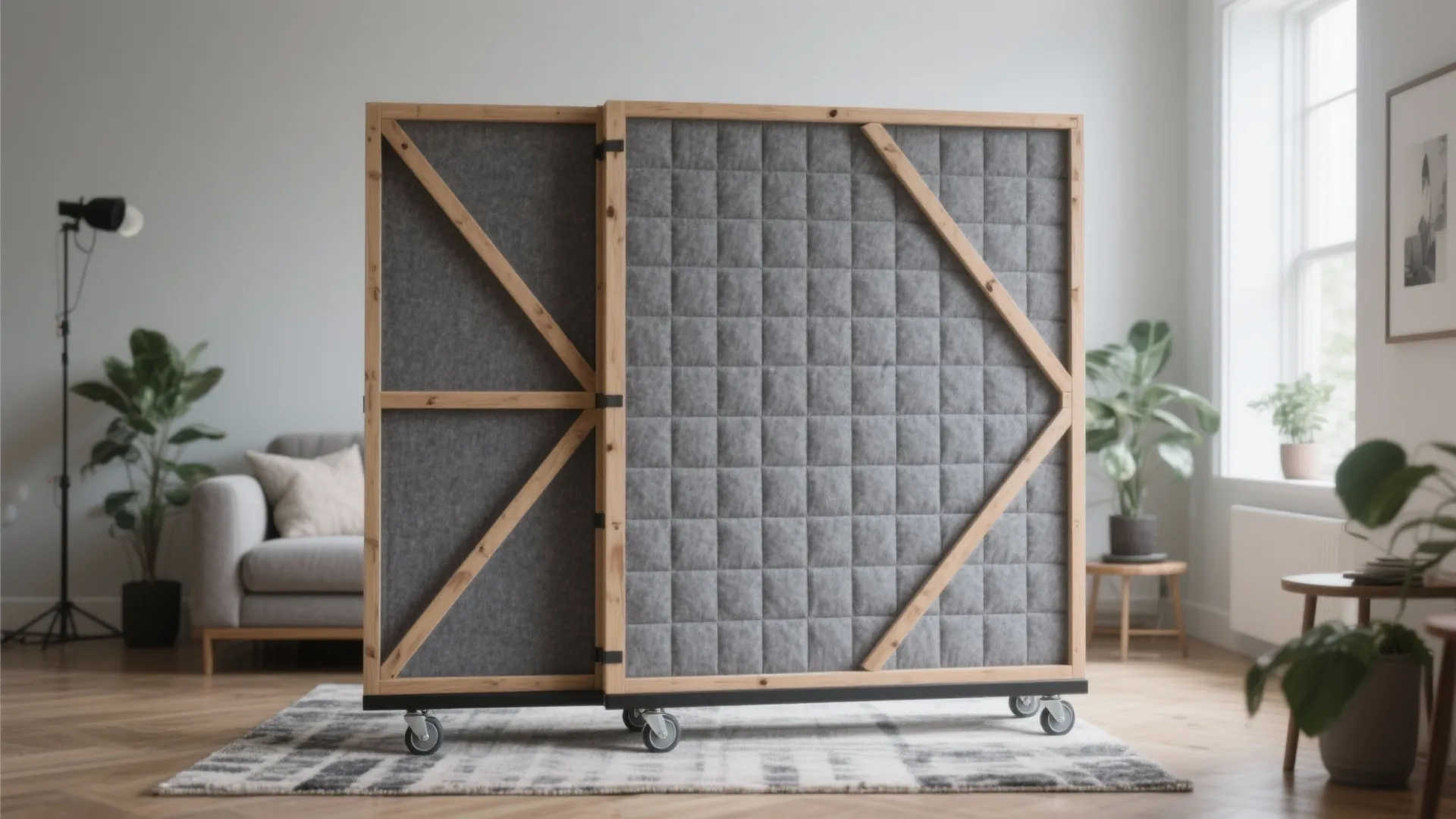 Portable wooden partition with grey padded panels and wheels standing on a rug in room