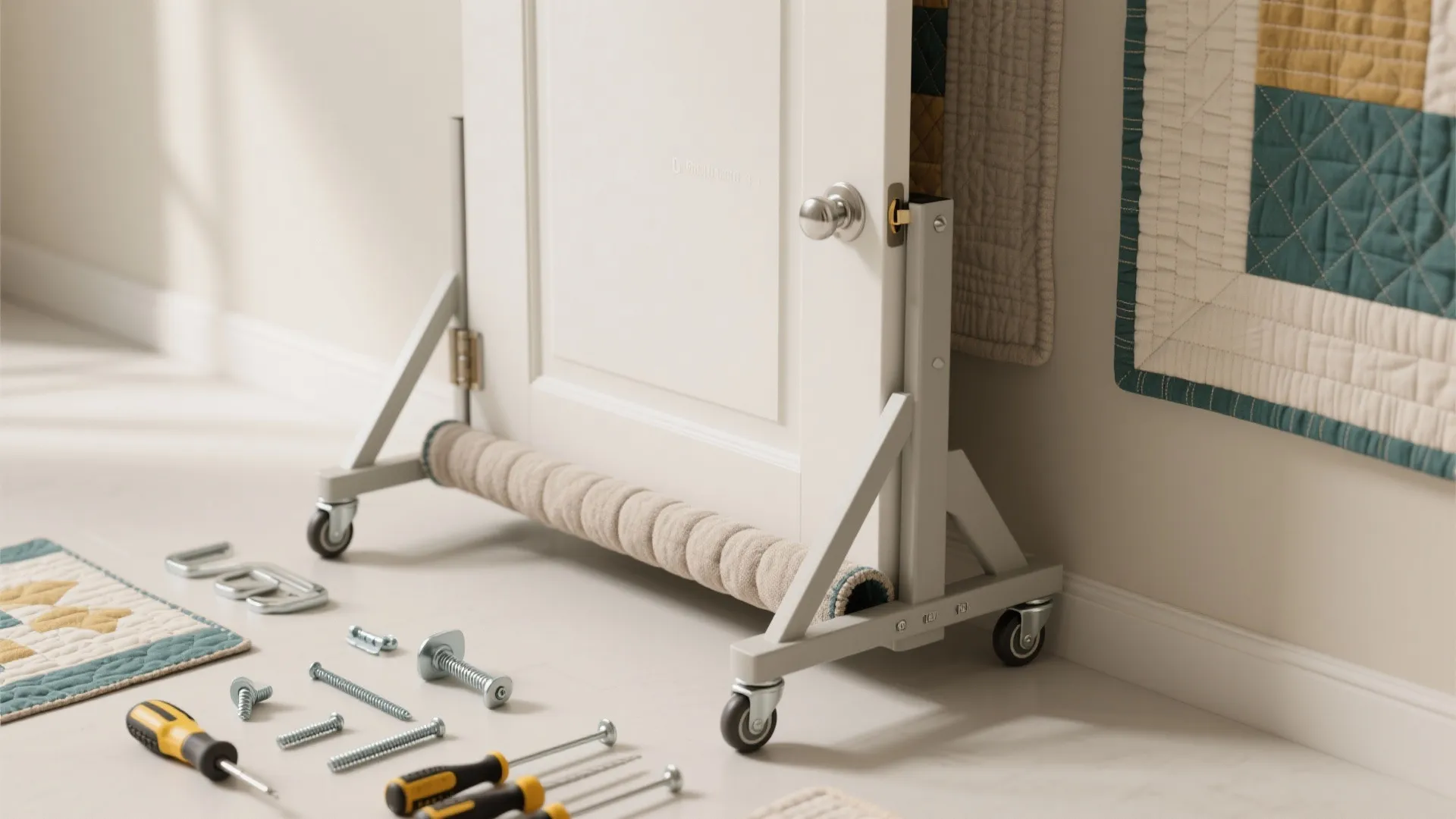 Installing a rolling wall panel using white door frame pieces with wheels and metal screws