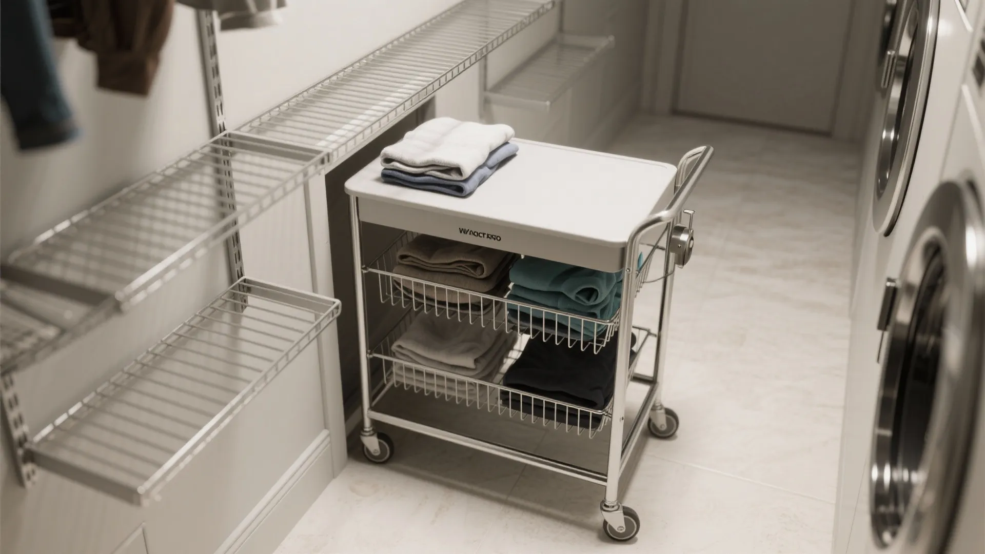 Silver rolling laundry cart with folded towels placed inside a bright room with metal shelving