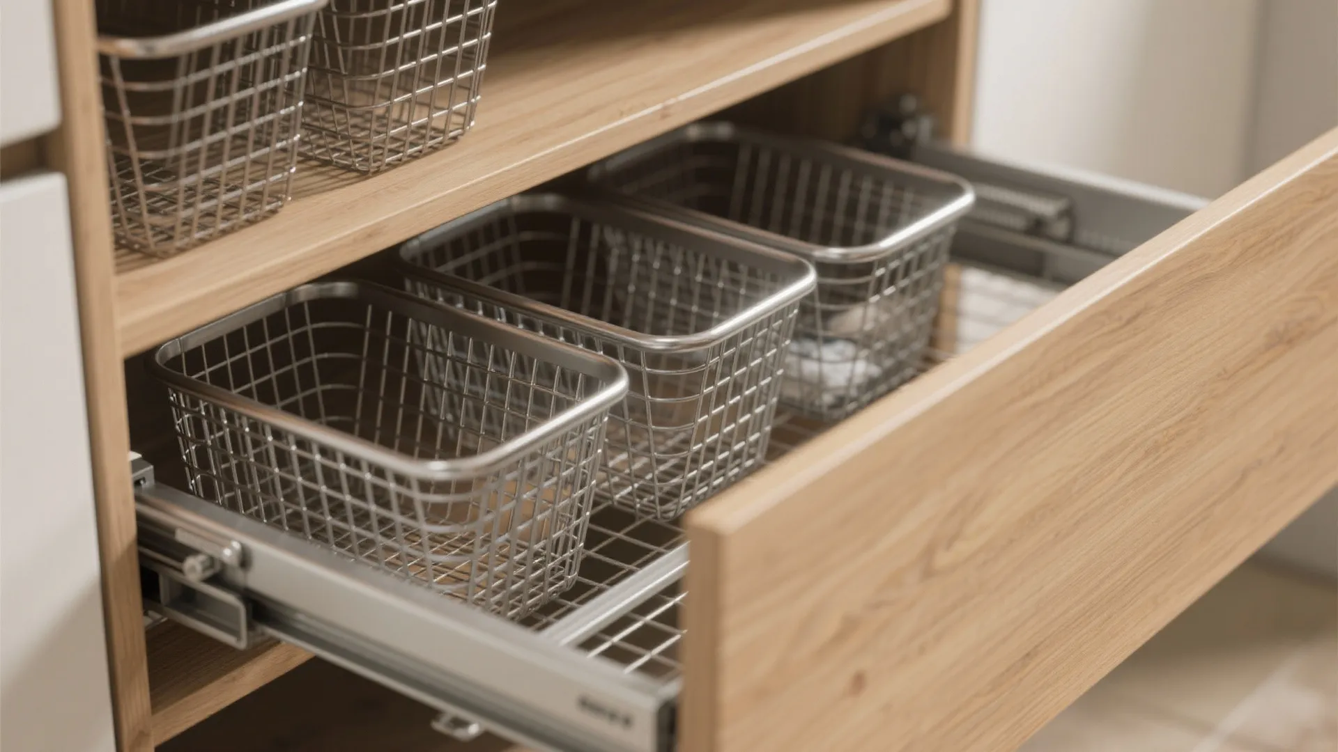 Close-up of a metal mesh roll-out laundry basket on smooth rails with a wood face panel.