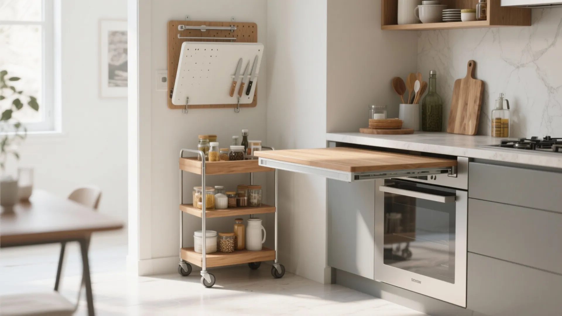 Small kitchen featuring wooden rolling cart pull out table oven and wall mounted knife rack