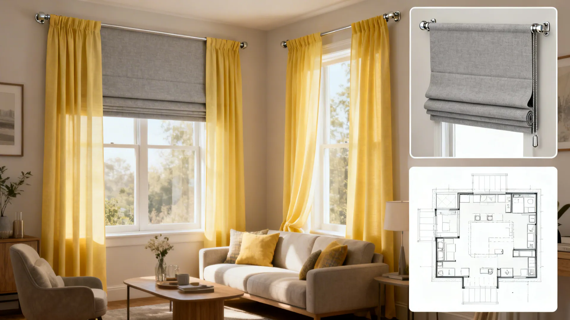 Living room with yellow curtains and grey window shades next to a white interior design drawing