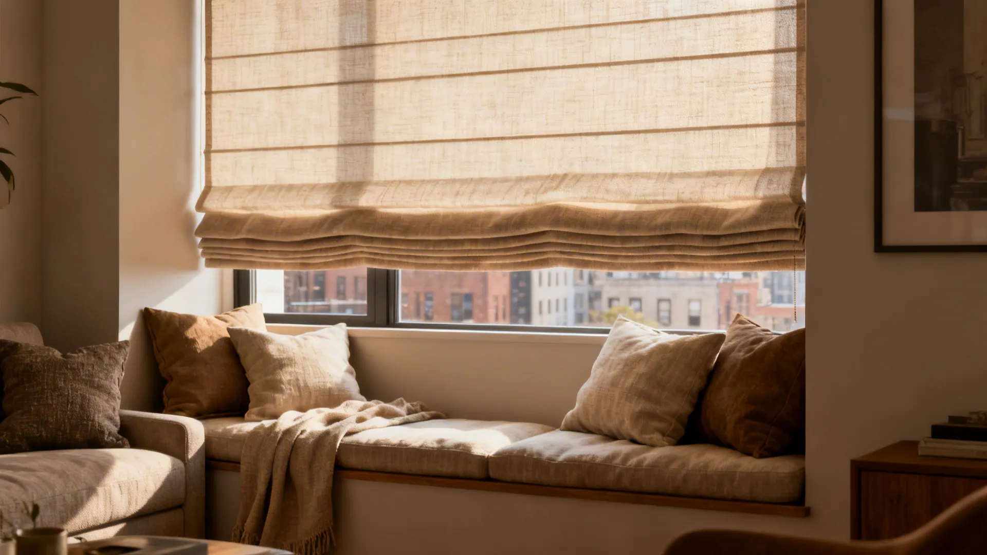 Cozy window seat with beige fabric shades soft pillows a blanket and sunlight from window