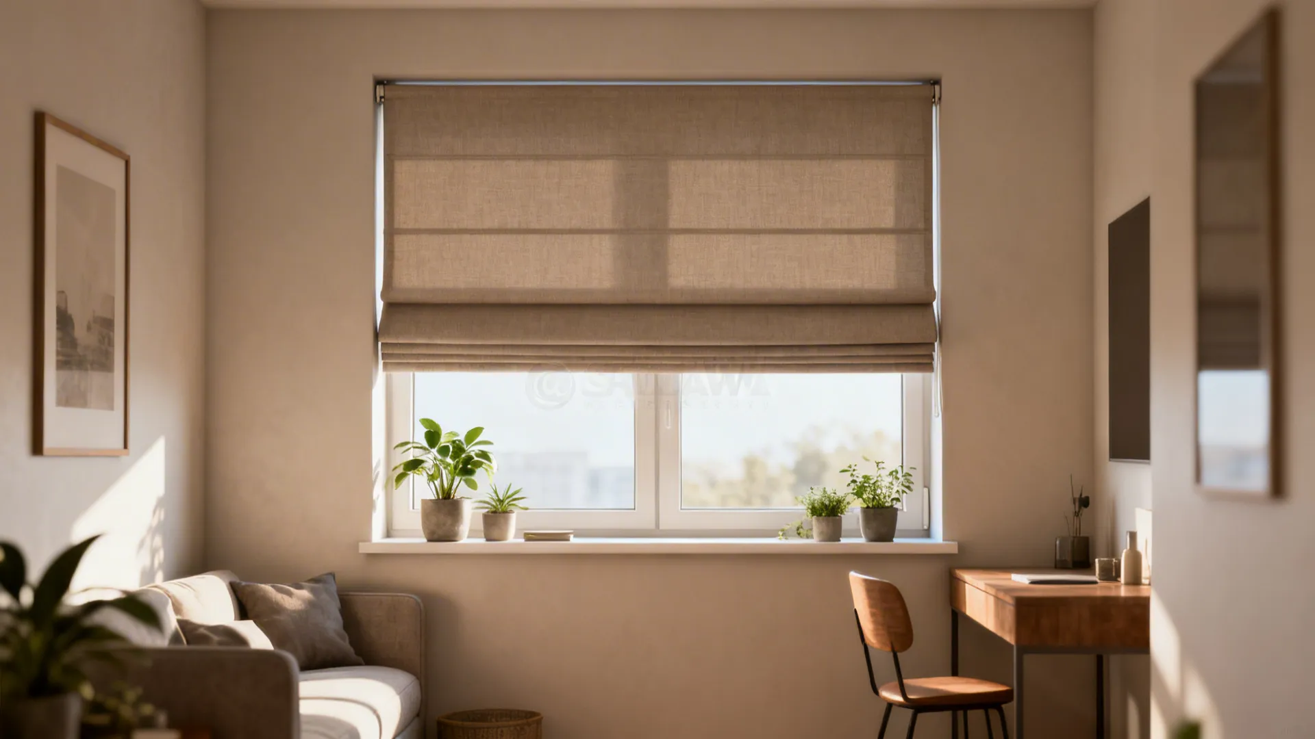 Studio living space with custom-fit blackout Roman blinds and clean sightlines