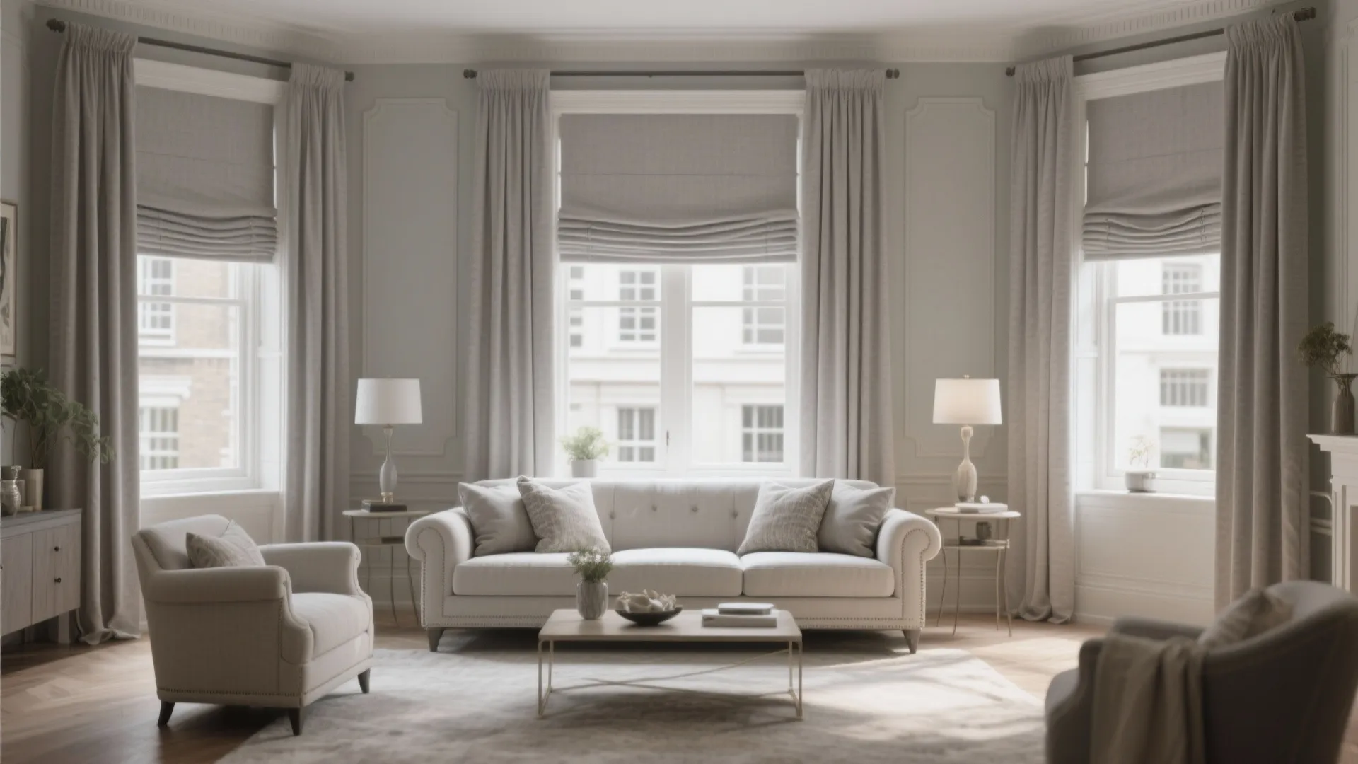 Elegant living room with soft linen roman blinds in neutral gray