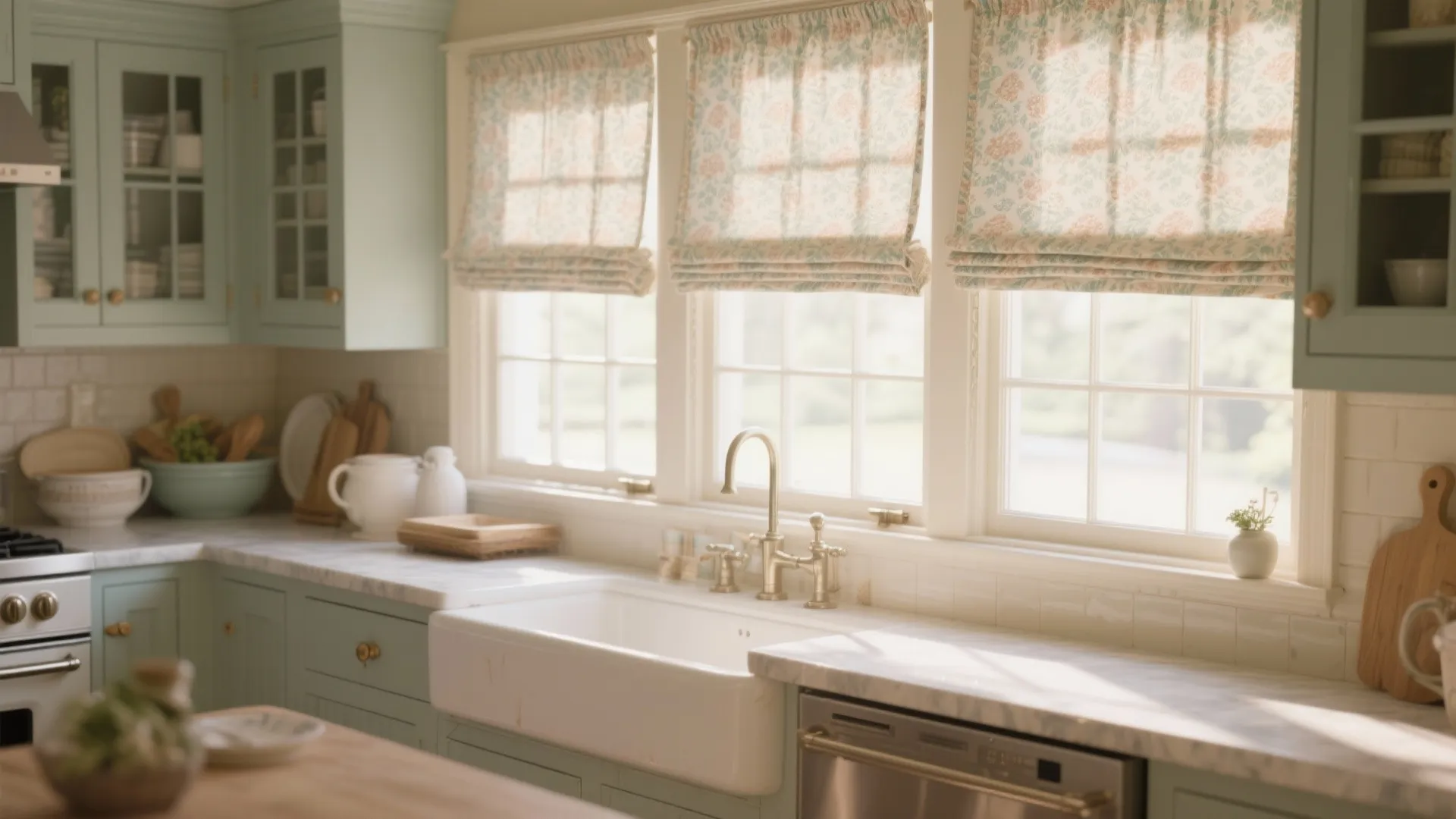 Traditional kitchen design with light green cabinets and floral fabric window blinds over white sink