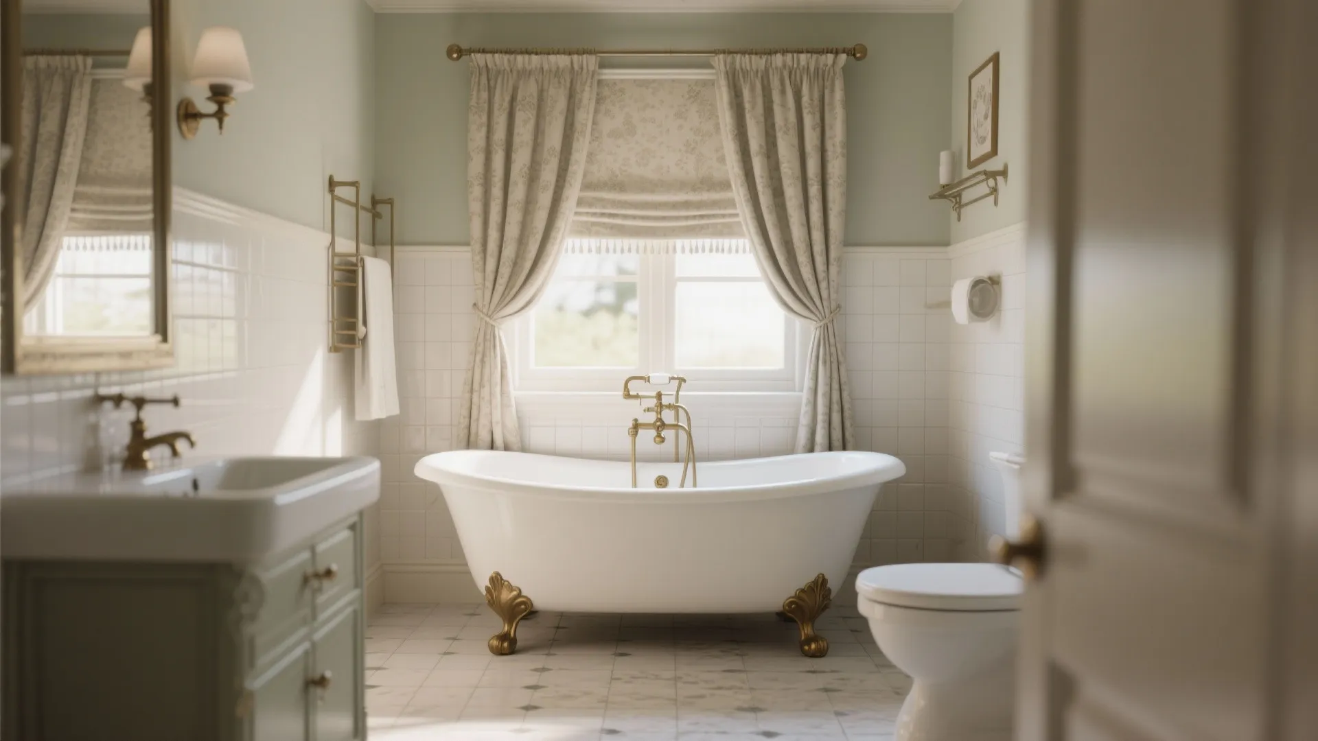 Classic bathroom featuring a white bathtub with gold legs and elegant floral pattern window curtains