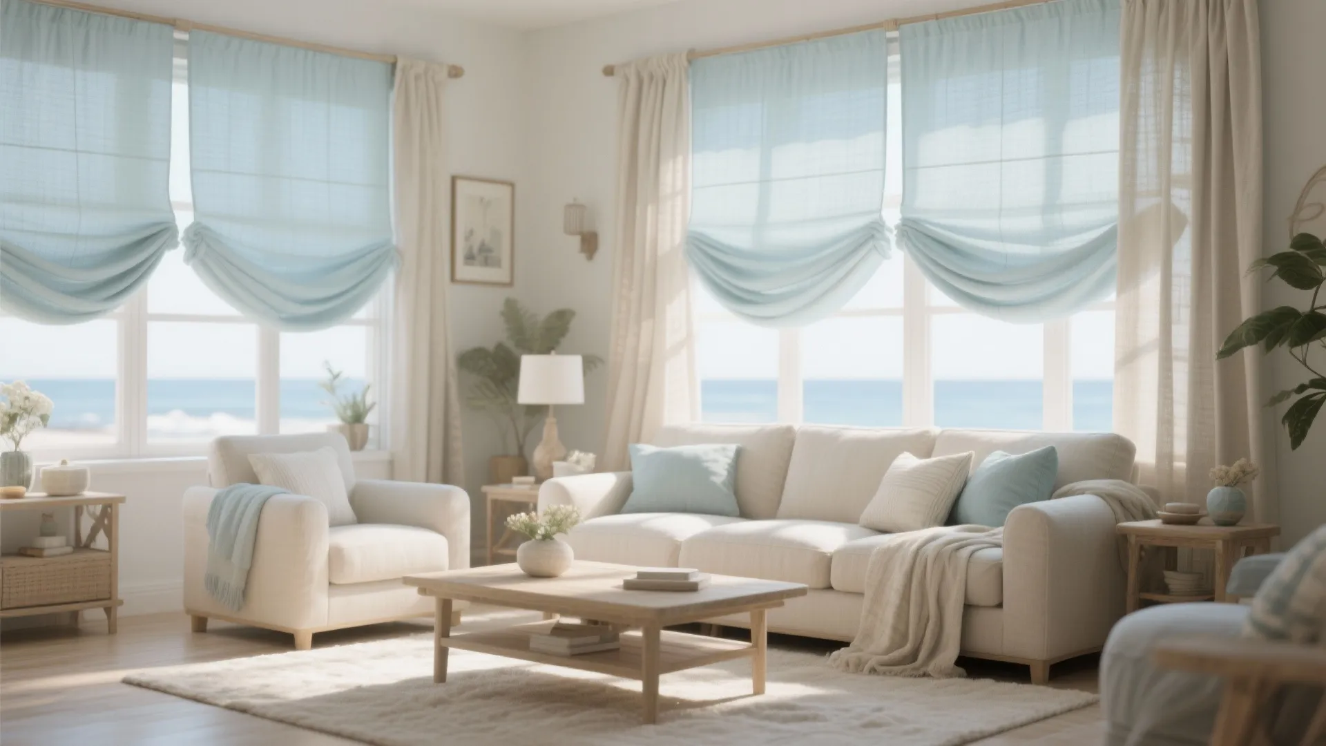Coastal style living room with pale linen Roman blinds