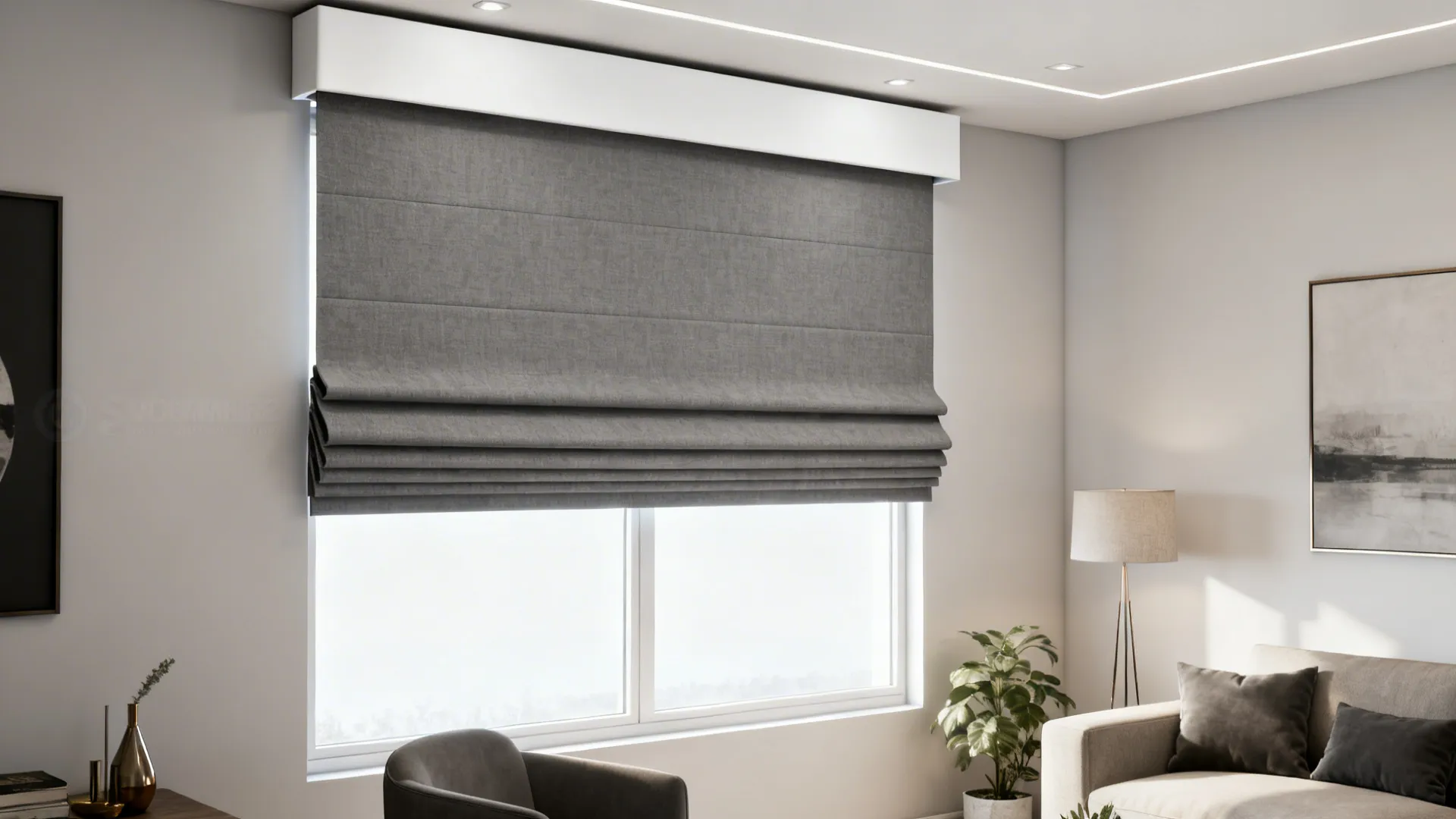 Window with grey Roman shades topped by a crisp white valance in a minimalist living room.