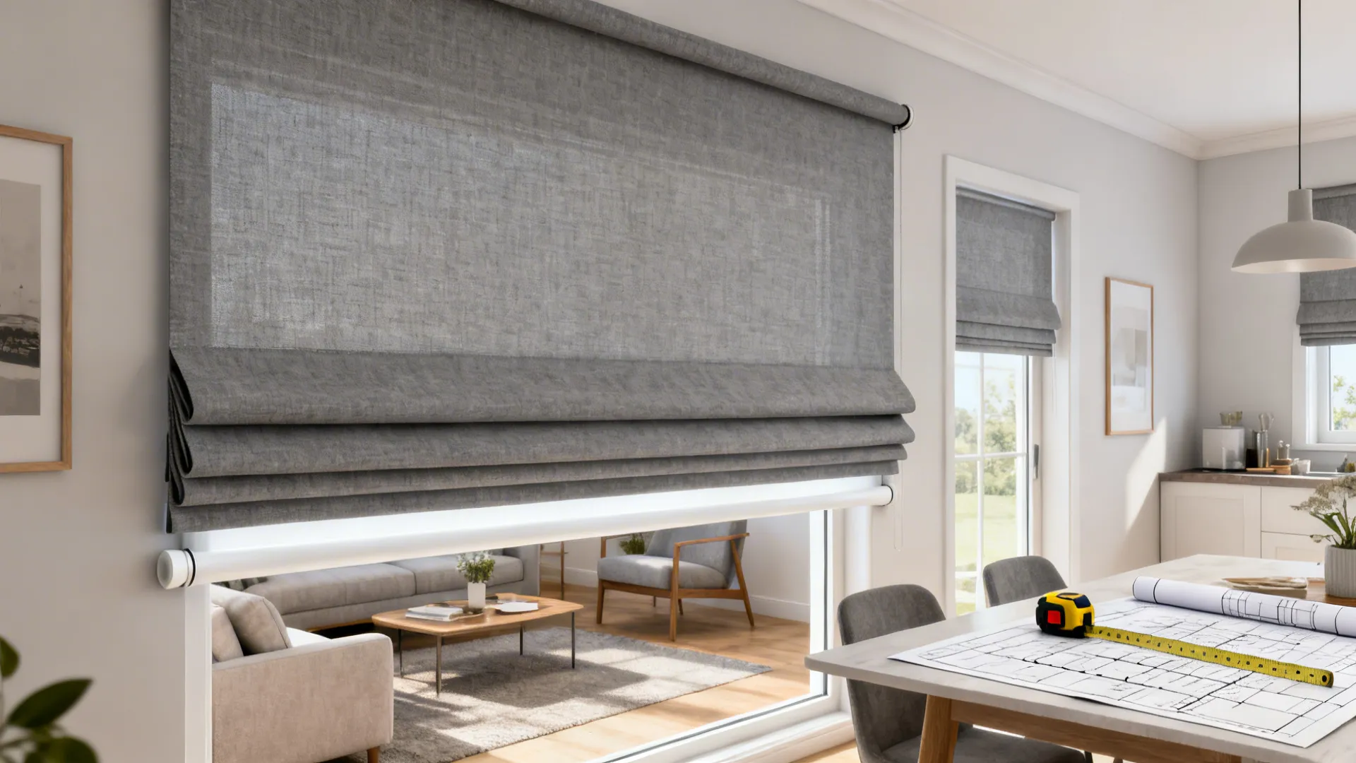 Compact living/dining area with grey Roman shade and slim white roller behind for neat layered window treatment.