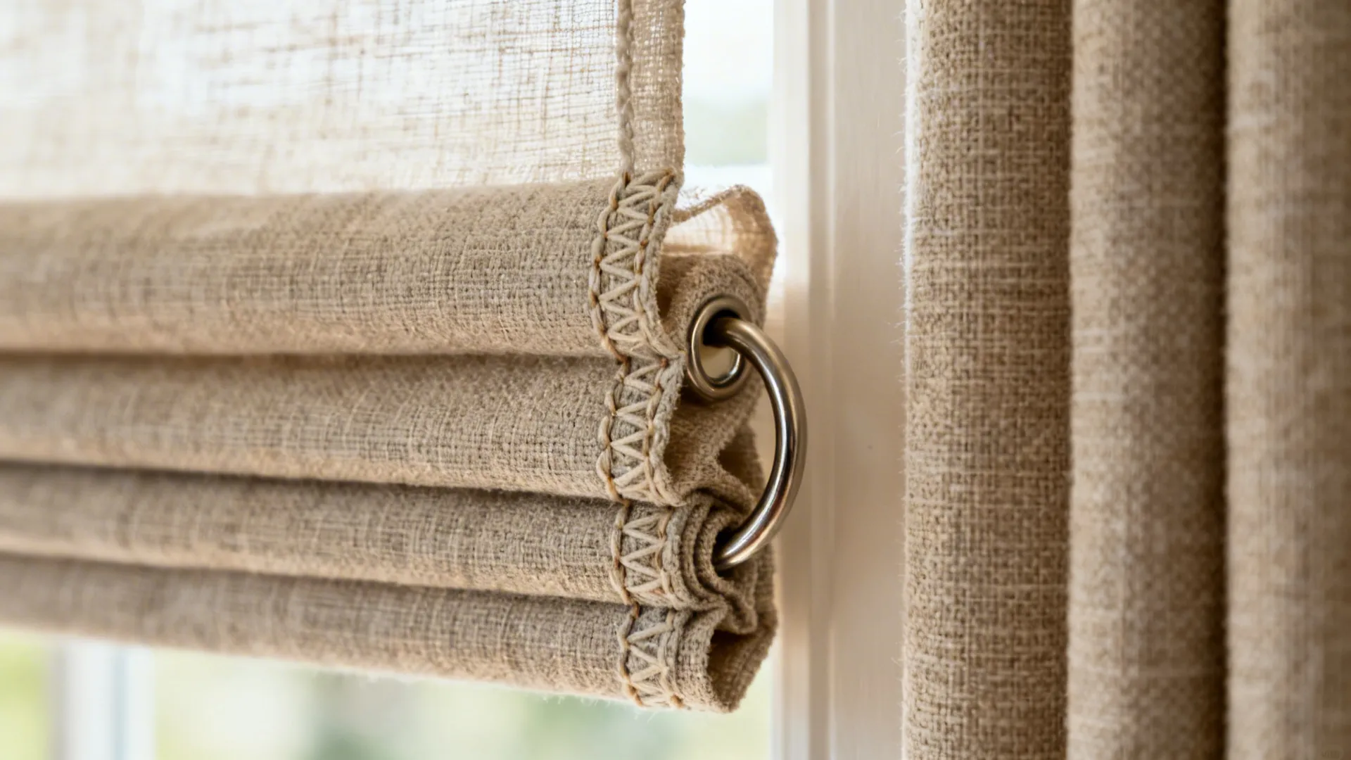 Macro detail of linen Roman shade hem aligned with a textured side panel.