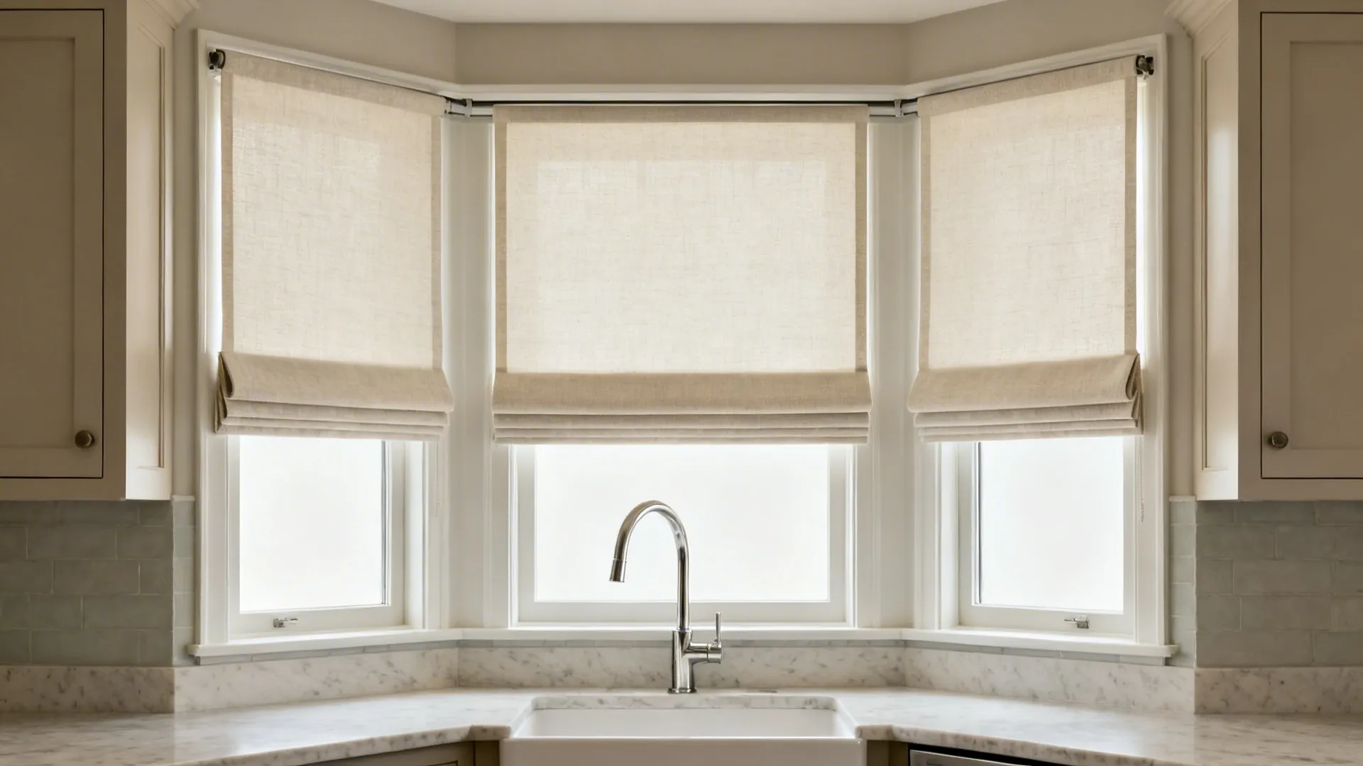 Inside-mount flat Roman shades aligned to mullions in an oatmeal fabric at a kitchen bay.