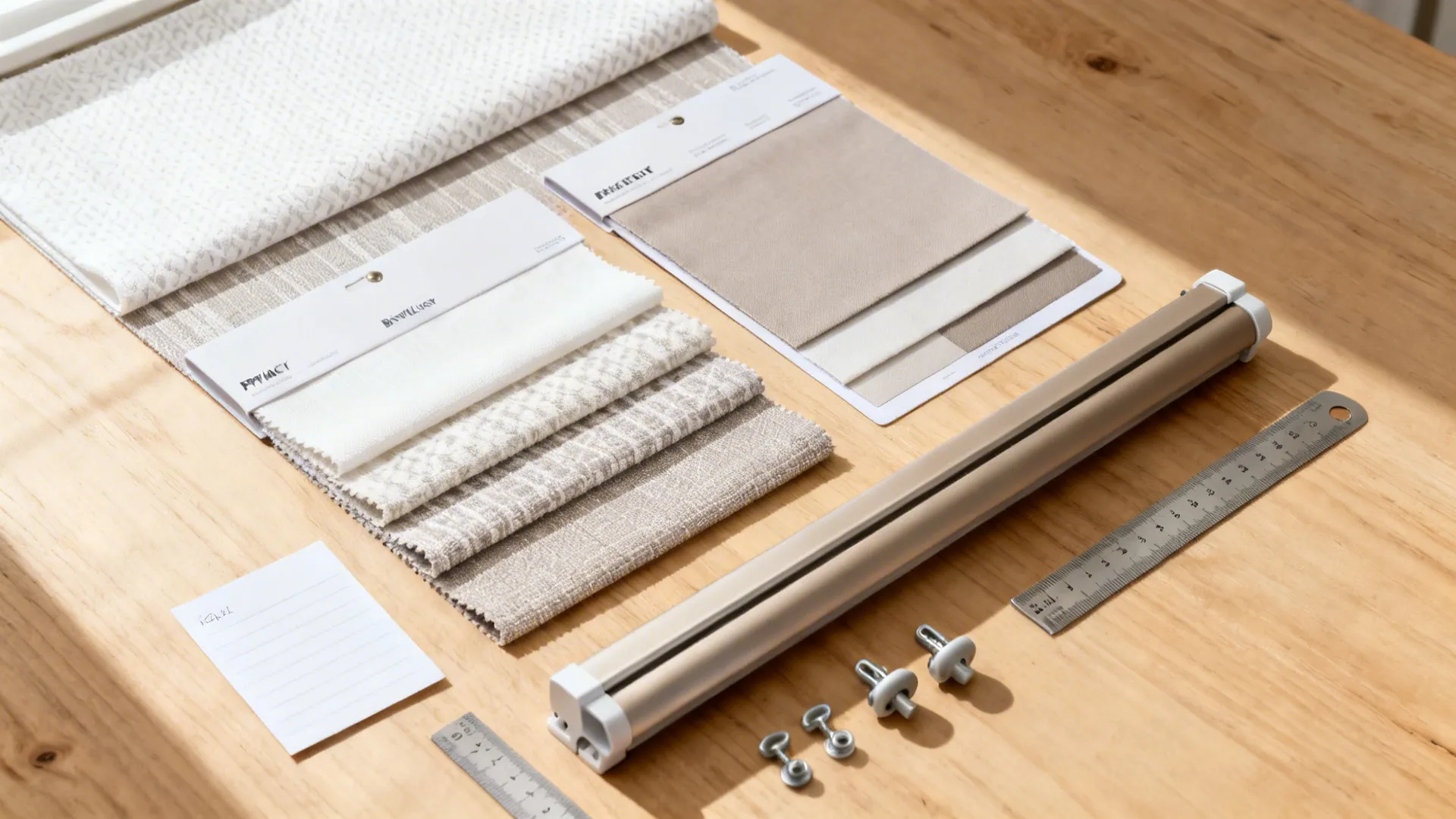 Flat lay of performance fabric swatches, liners, and cordless headrail samples.