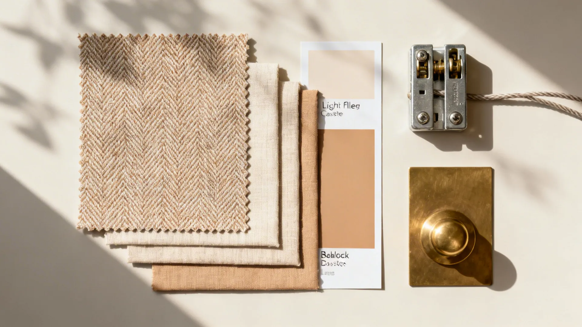 Flat lay of Roman shade fabric, linings, and slim hardware in warm neutrals.