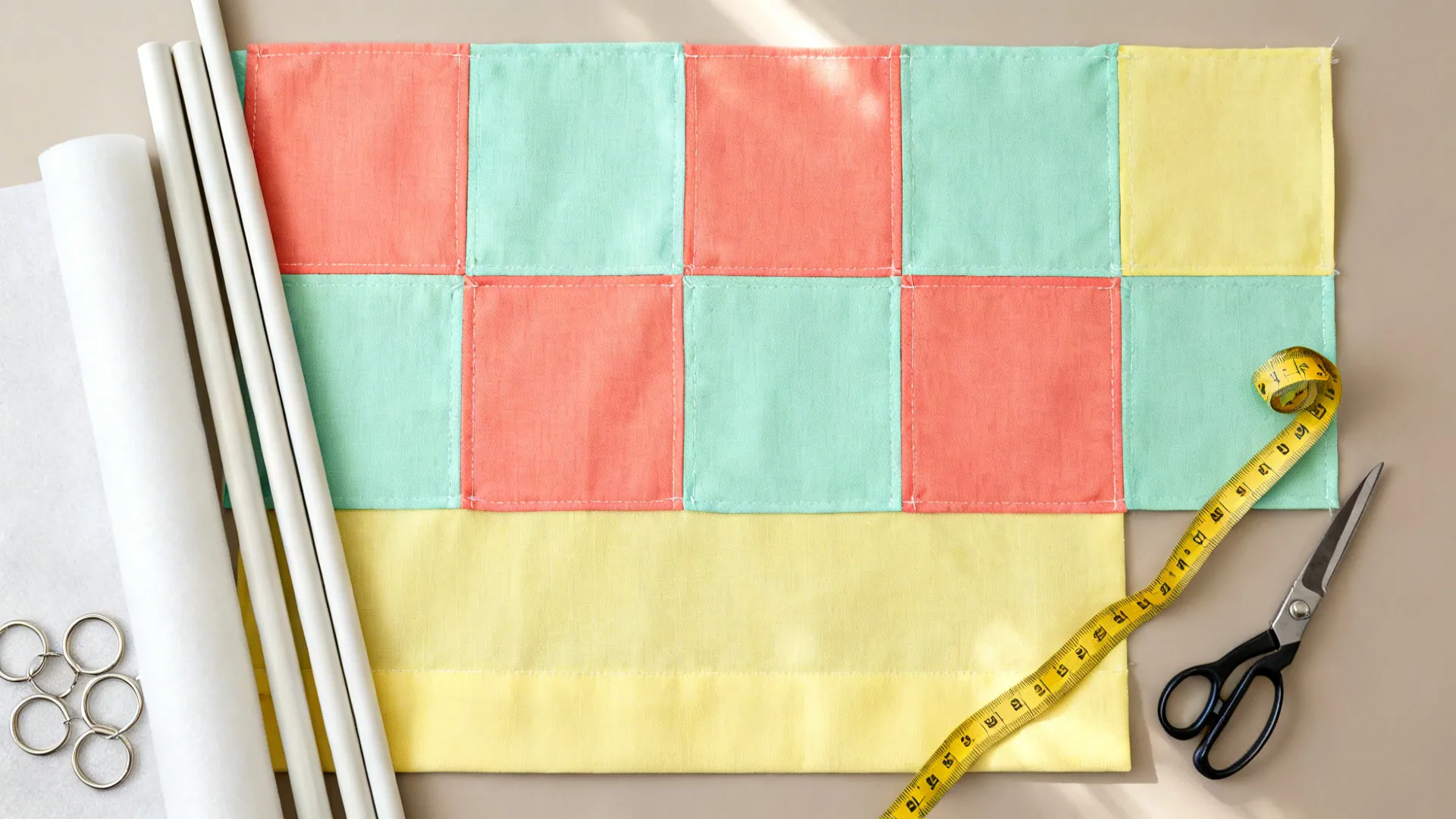 Top-down view of fabric squares, interfacing, lining, and hardware for a Roman shade.