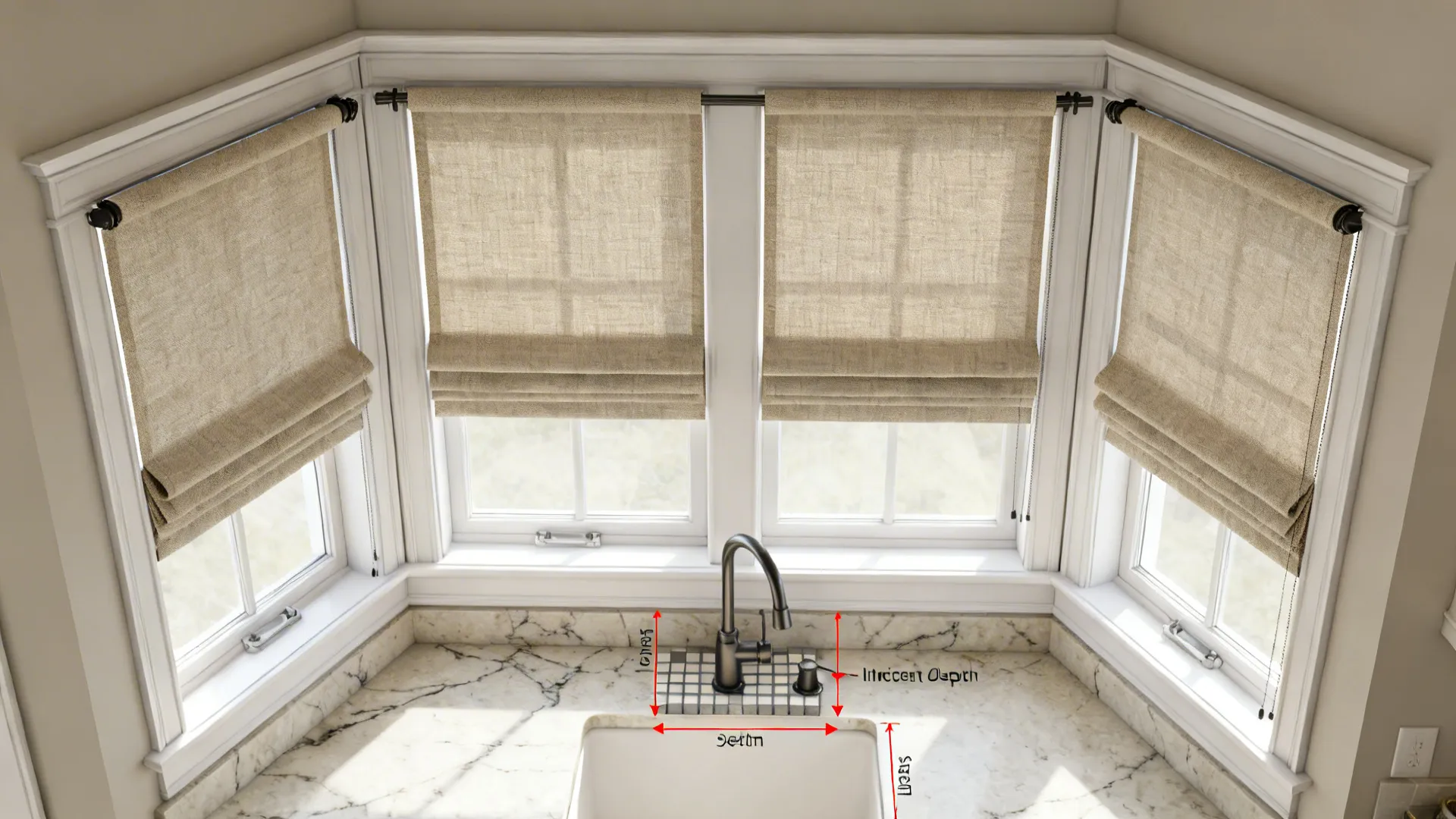 Top-down view of bay window plan showing inside-mount Roman shade clearances and stack.
