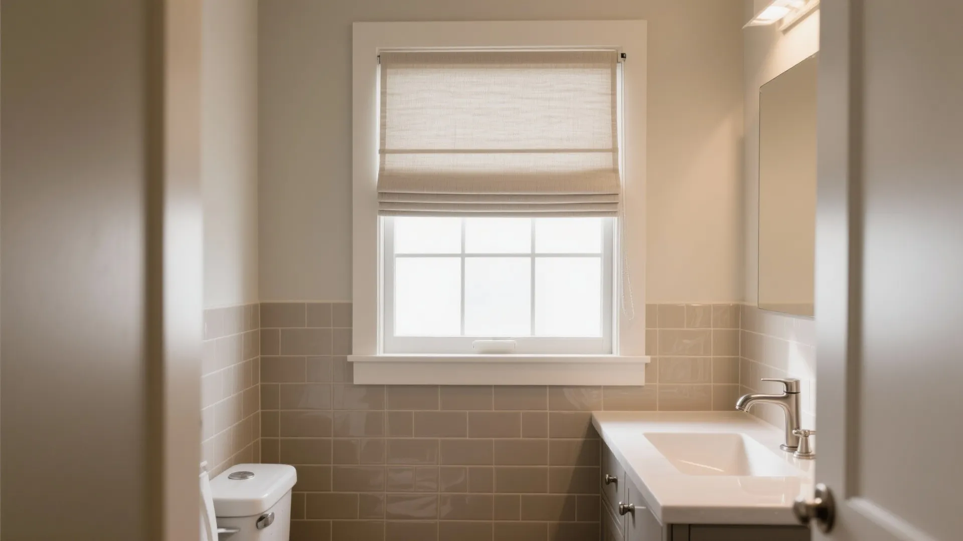 Modern bathroom featuring beige wall tiles white window curtain simple sink mirror and white toilet