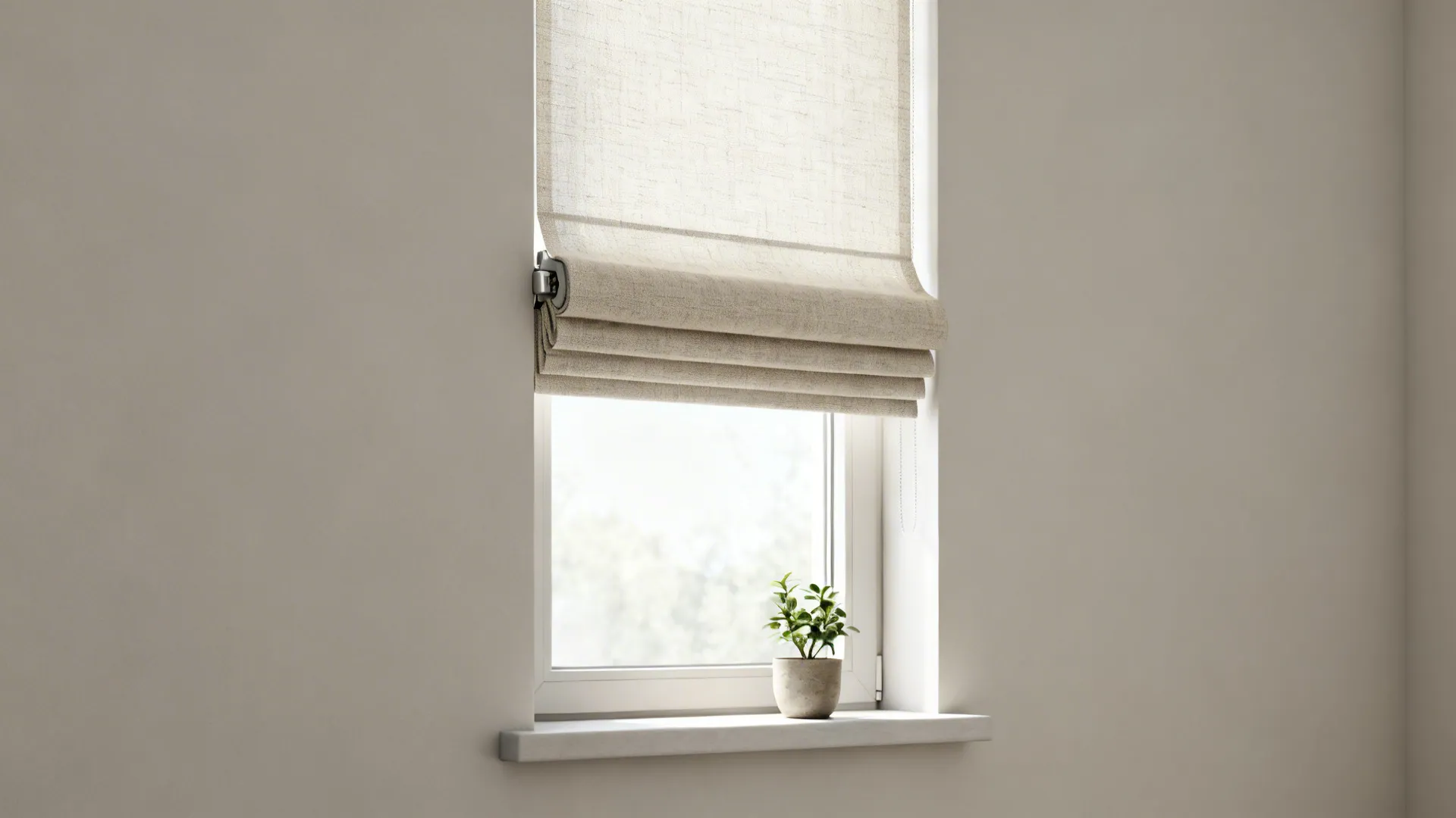 Narrow window with a light textured Roman shade raised to show its compact profile.