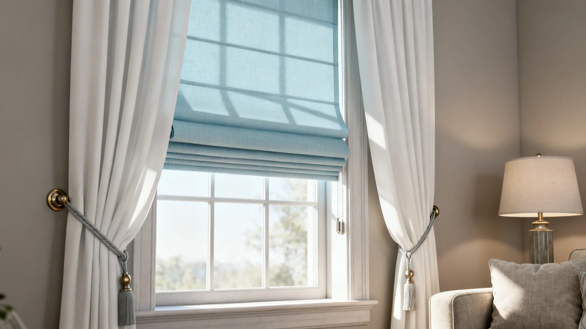 Window with a pale sky-blue Roman shade paired with white drapes, showing layered insulation and coordinated hardware.